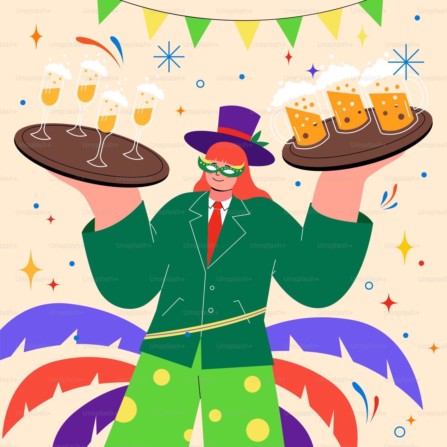 Un homme en costume vert tenant un plateau de bière