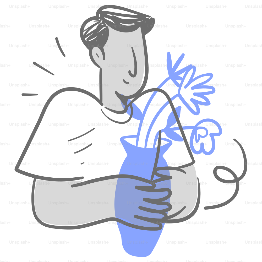 A drawing of a man holding a vase