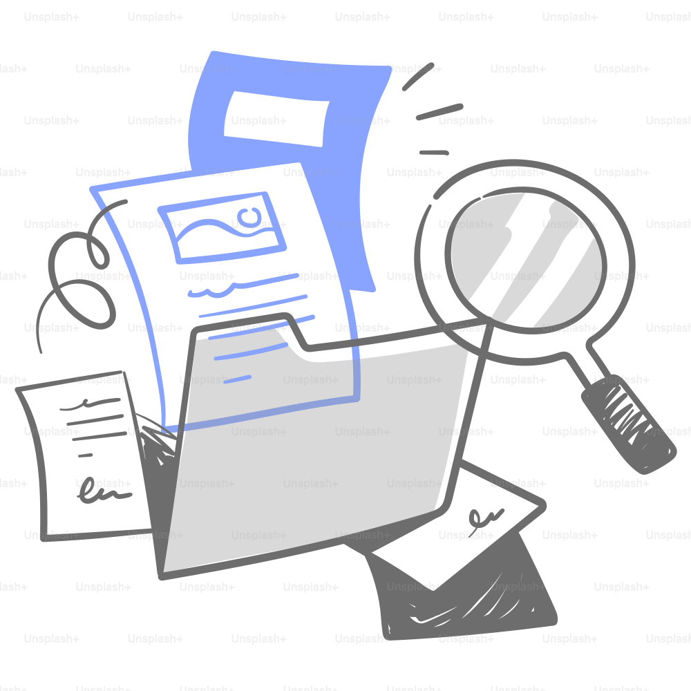 A drawing of a magnifying glass next to a pile of papers