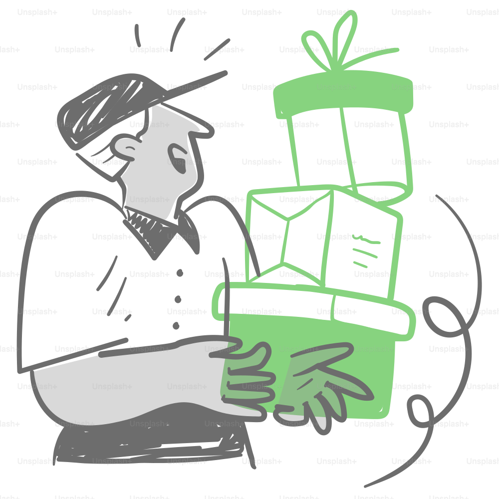 A drawing of a man holding a stack of presents