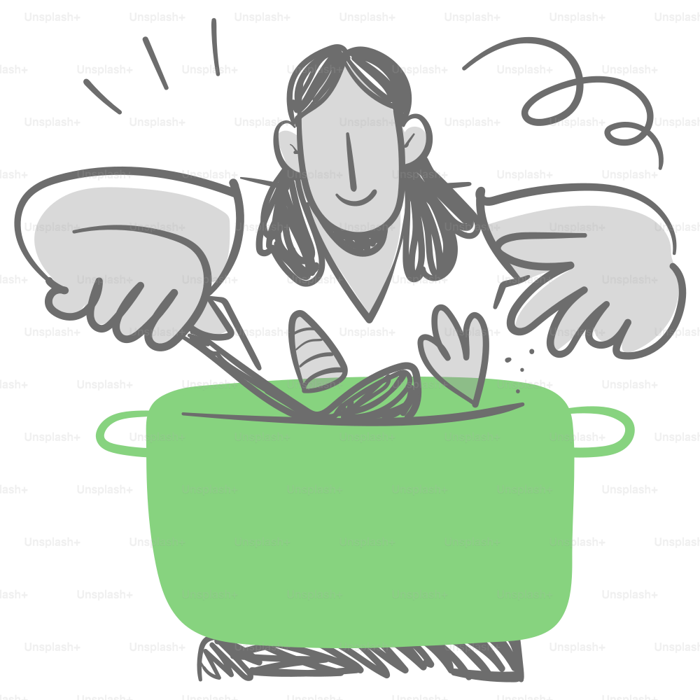 A drawing of a woman stirring a pot