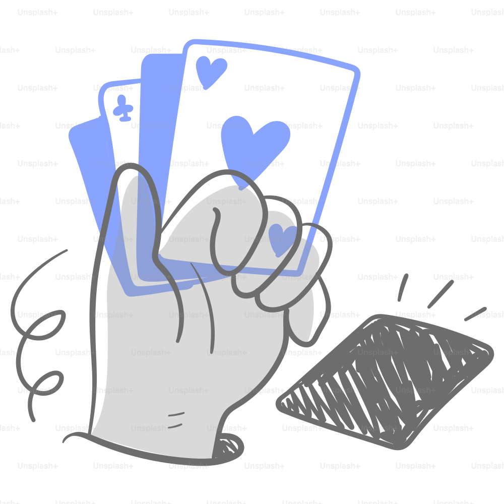 A drawing of a hand holding playing cards
