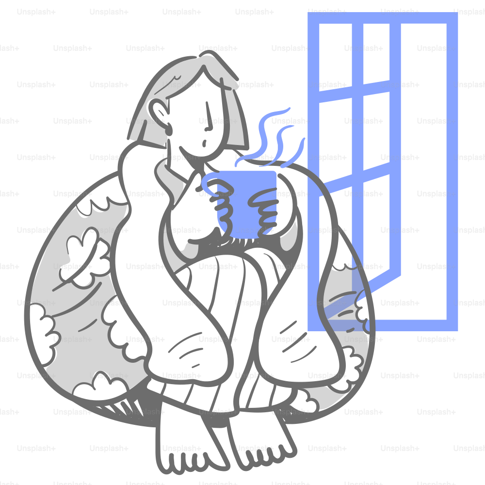 A drawing of a person sitting in a chair with a cup of coffee