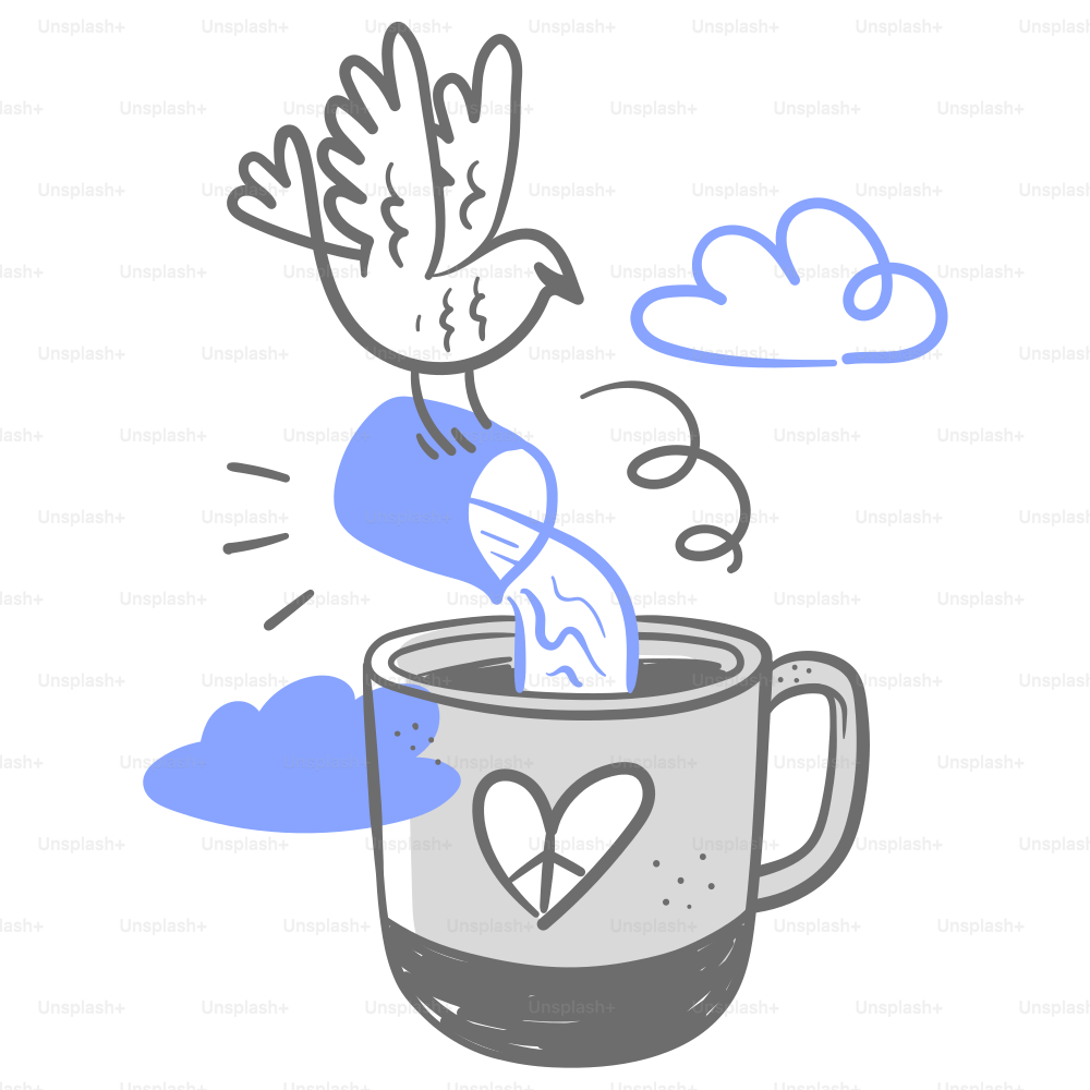 A drawing of a bird sitting on top of a cup of coffee