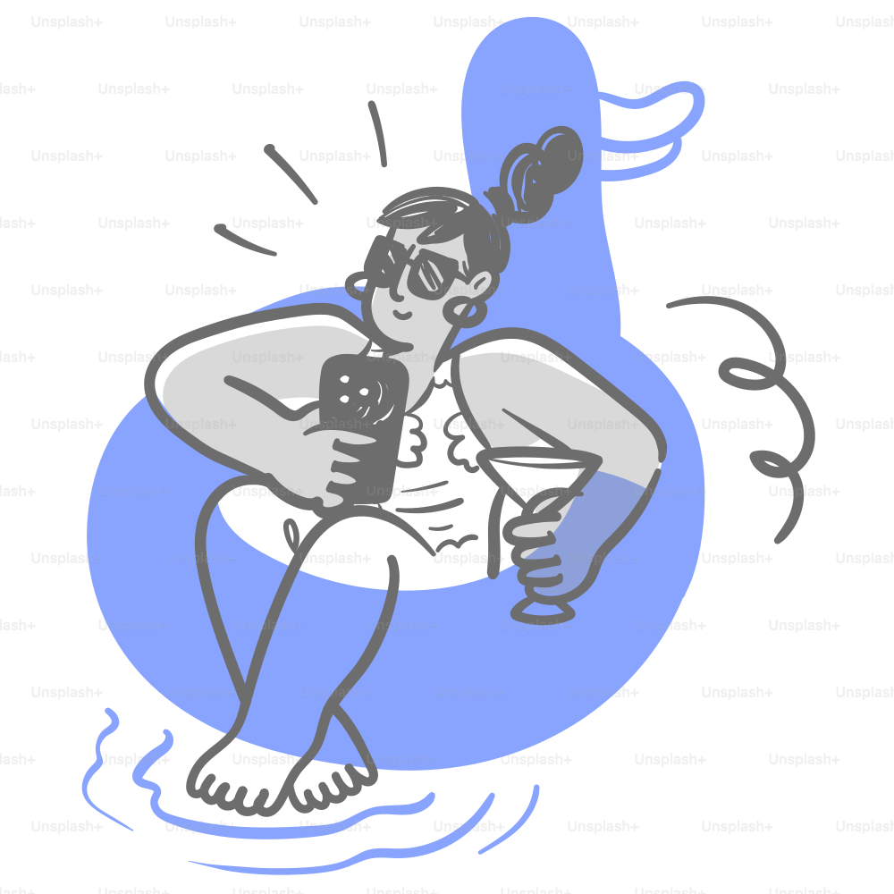 A drawing of a woman sitting in a chair holding a cell phone