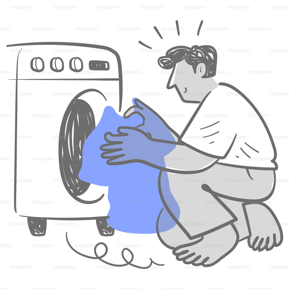 A drawing of a man holding a washing machine