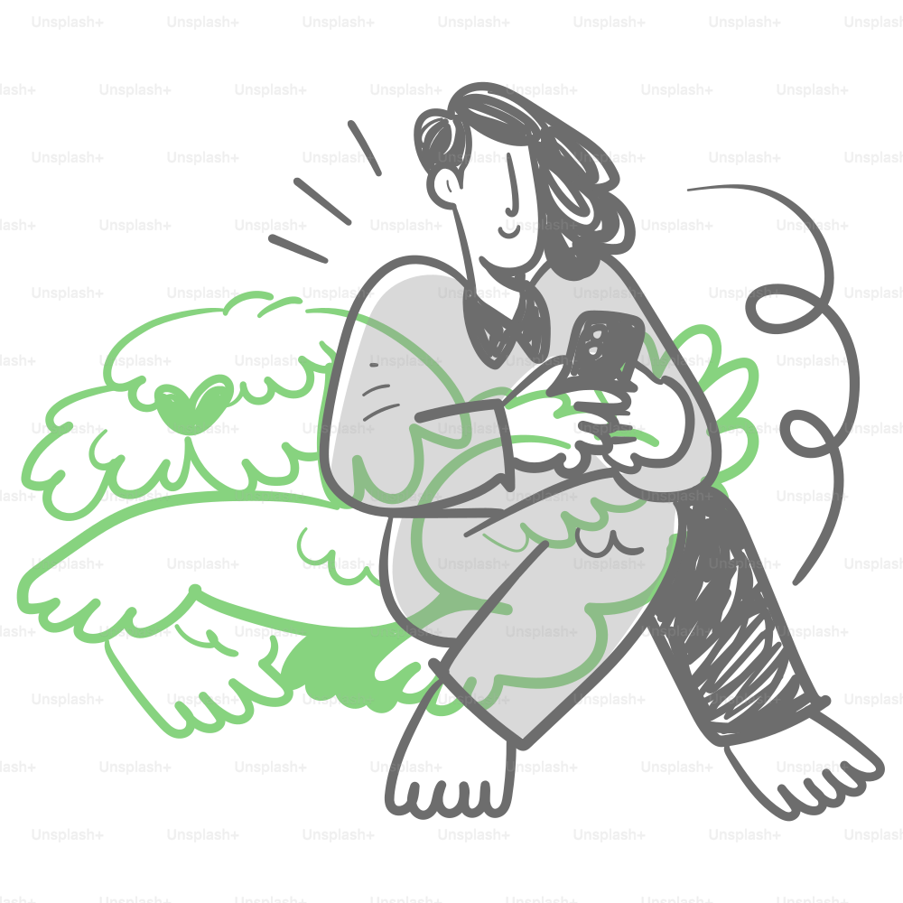 A drawing of a person sitting on the ground using a cell phone