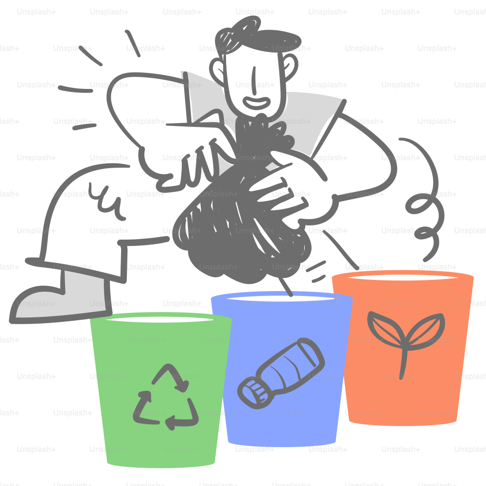 A drawing of a man throwing garbage into a trash can