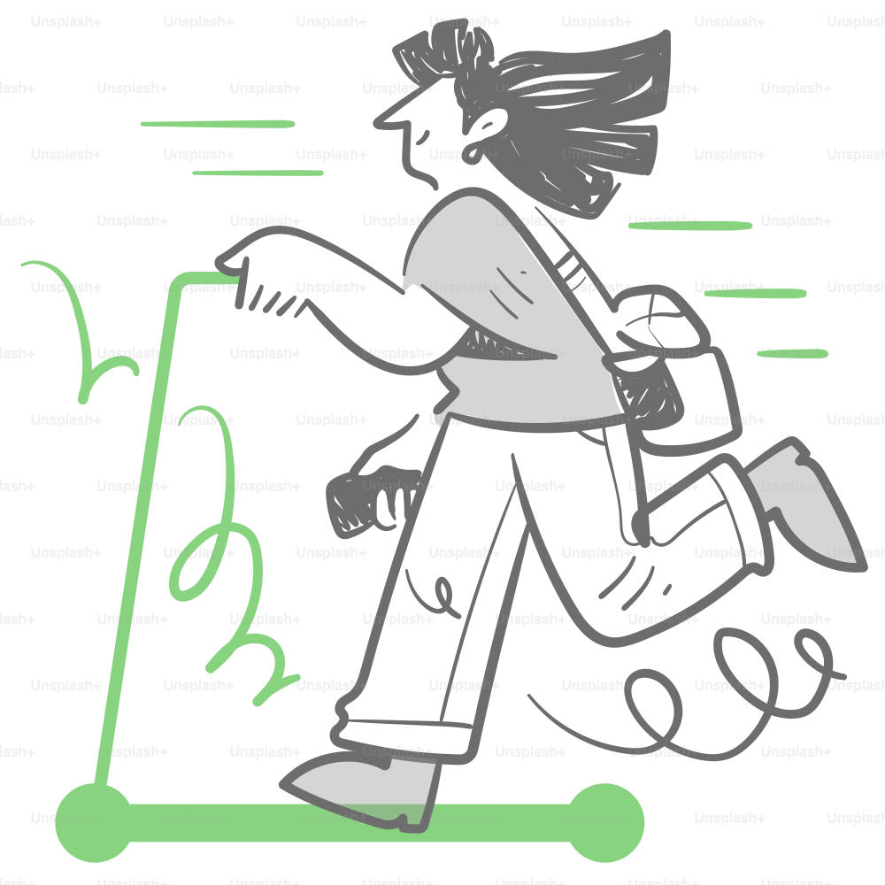 A drawing of a woman riding a scooter