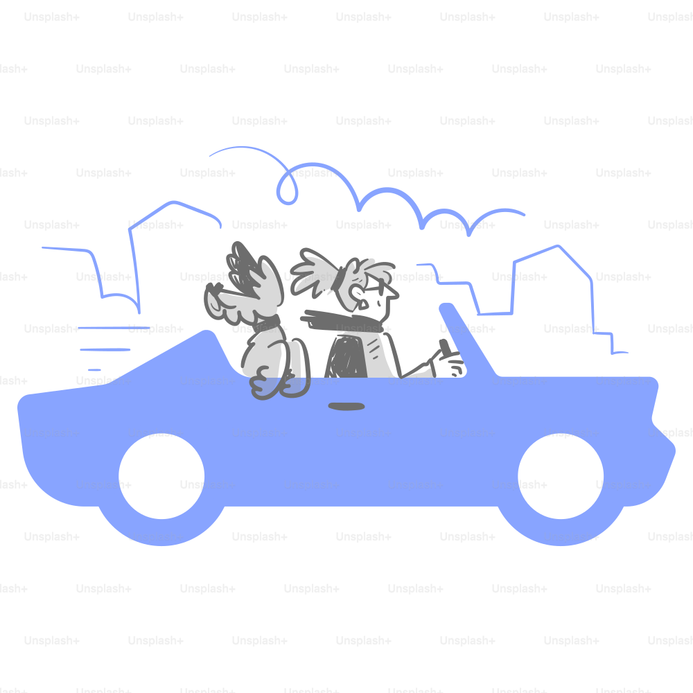 A drawing of a car with two people in it