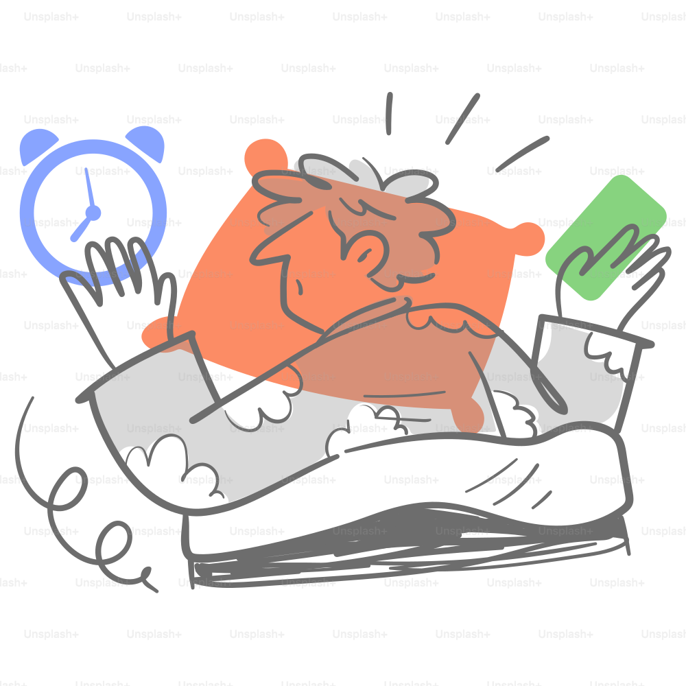 A drawing of a person laying in bed with an alarm clock