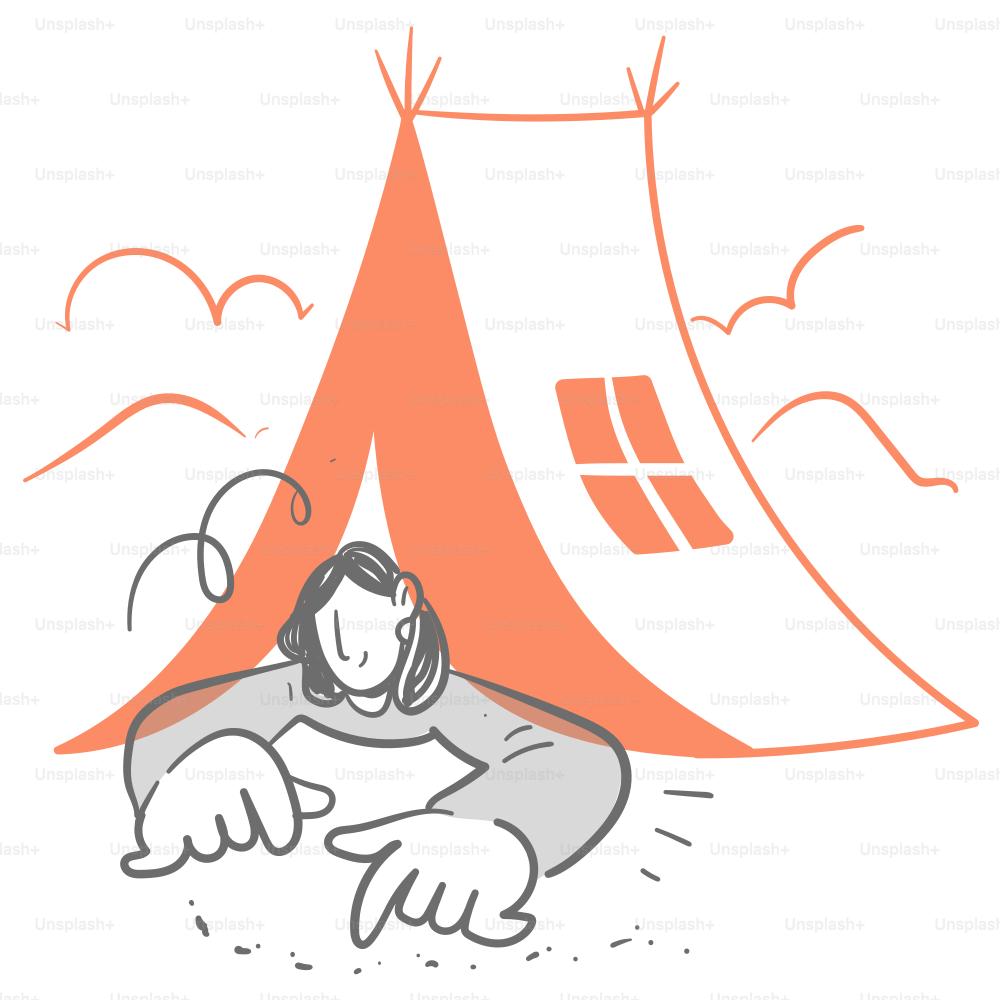 テントの前に座っている人の絵