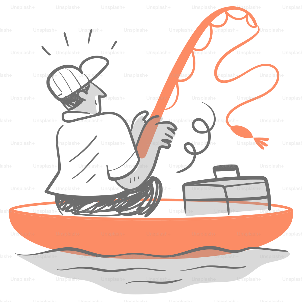 Un dessin d’un homme pêchant sur un bateau