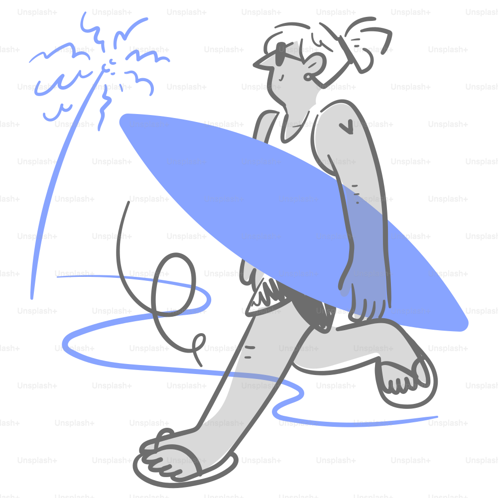 Un dibujo de un hombre cargando una tabla de surf