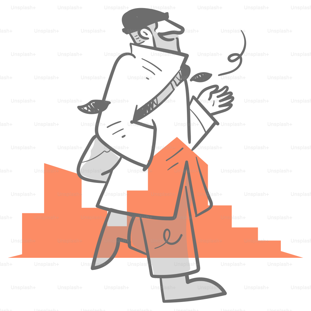 A drawing of a man walking with a cup in his hand