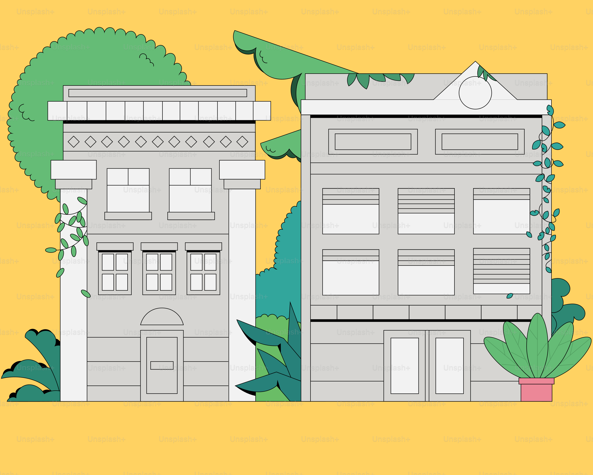 A yellow background with a picture of a building