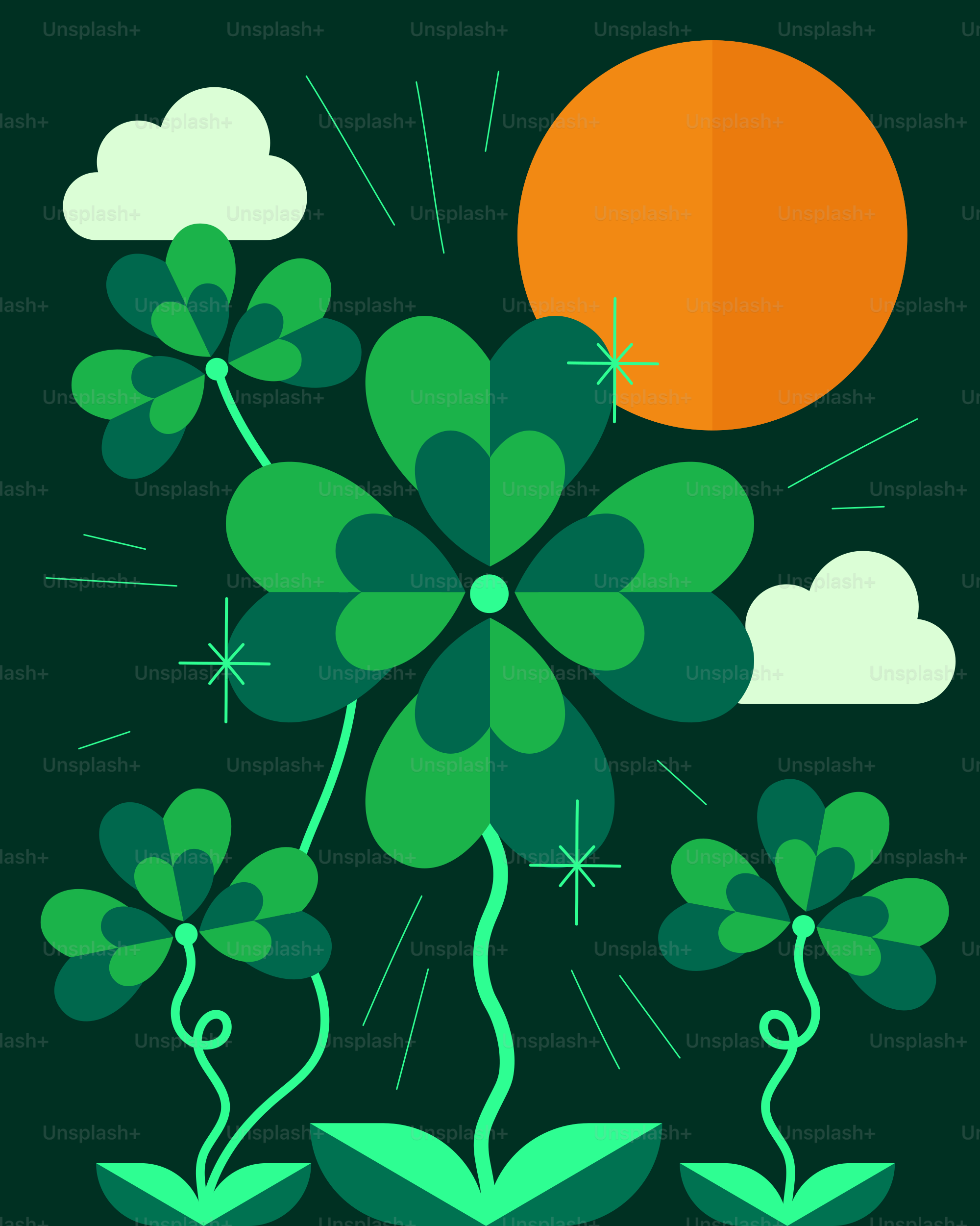 A green plant with four leaves and a sun in the background