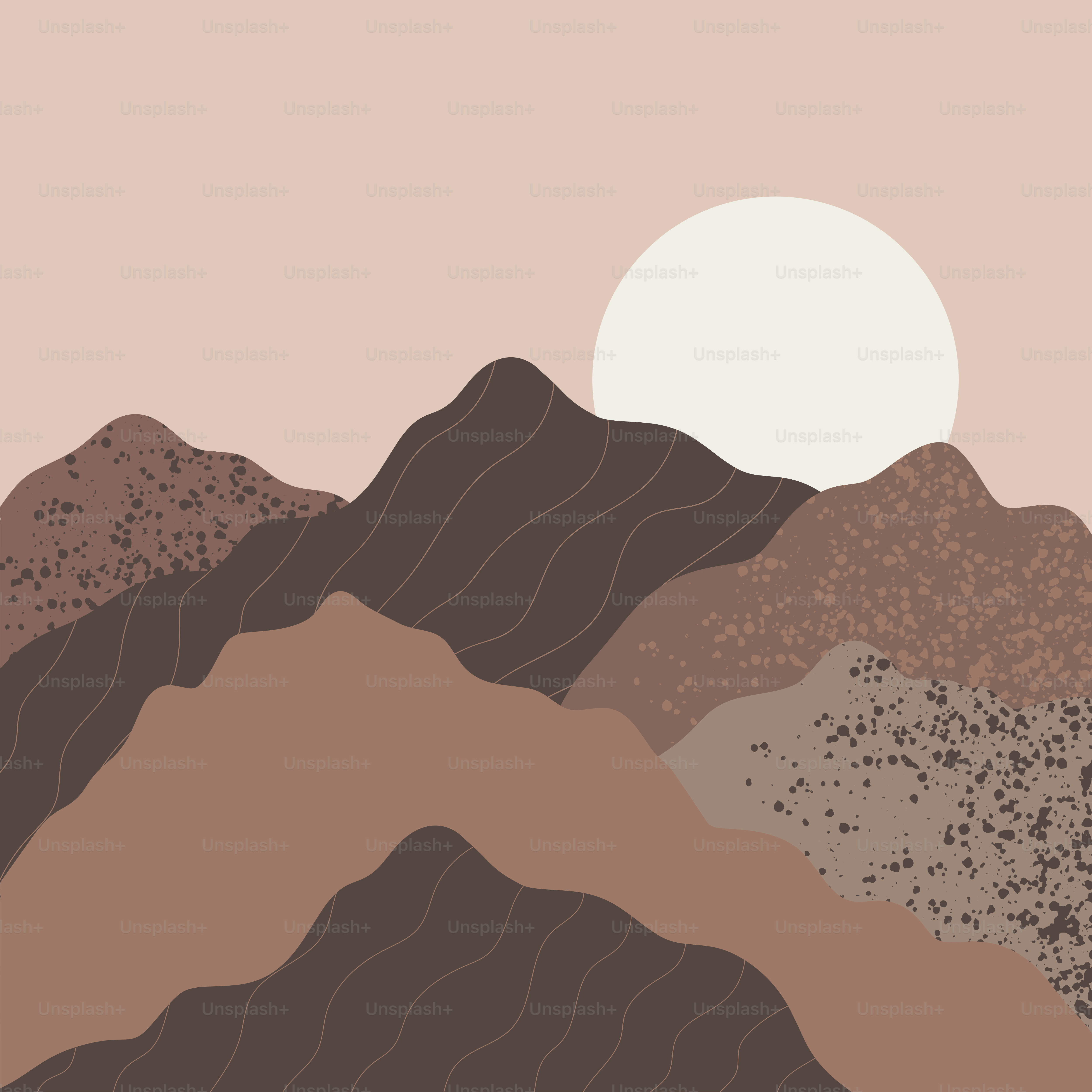 A painting of a mountain range with a sun in the background