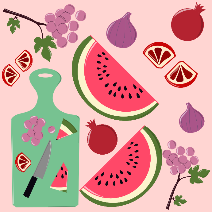 A watermelon and grapefruit cut in half on a pink background