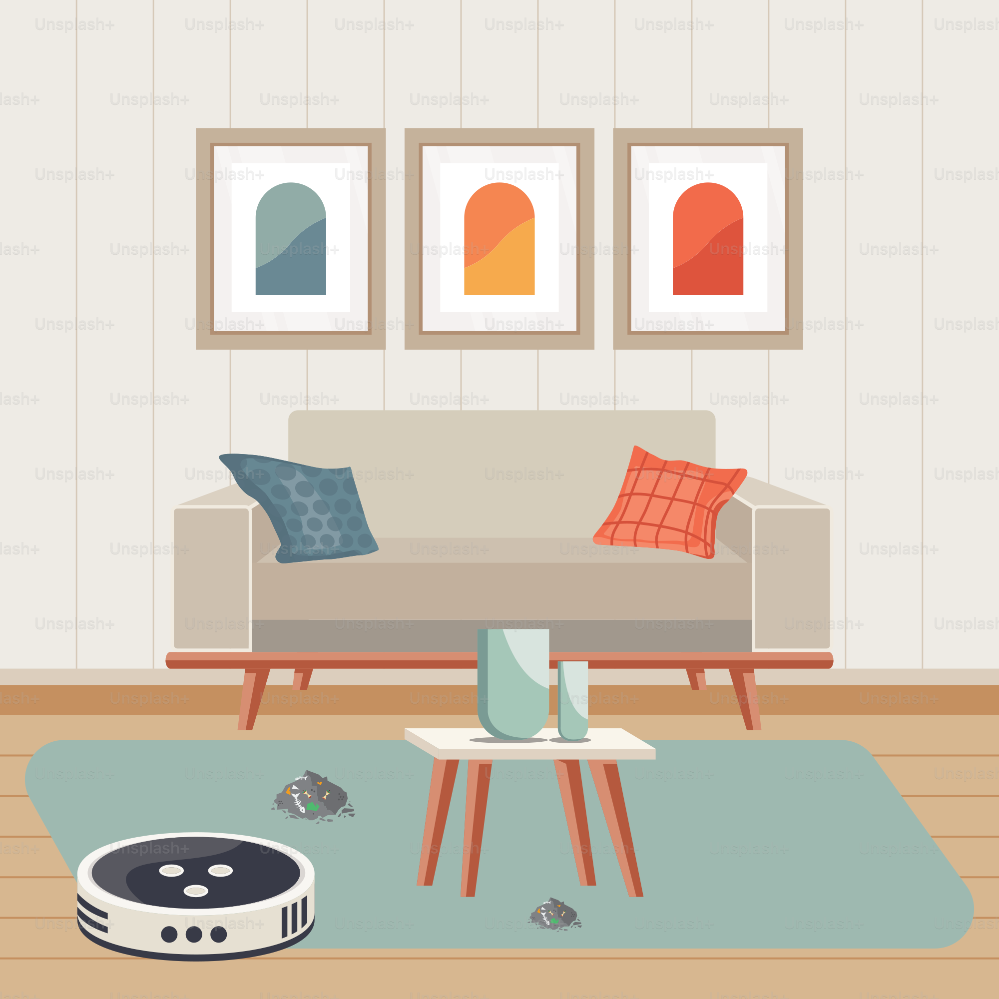 Un soggiorno con divano, tavolino e robot aspirapolvere