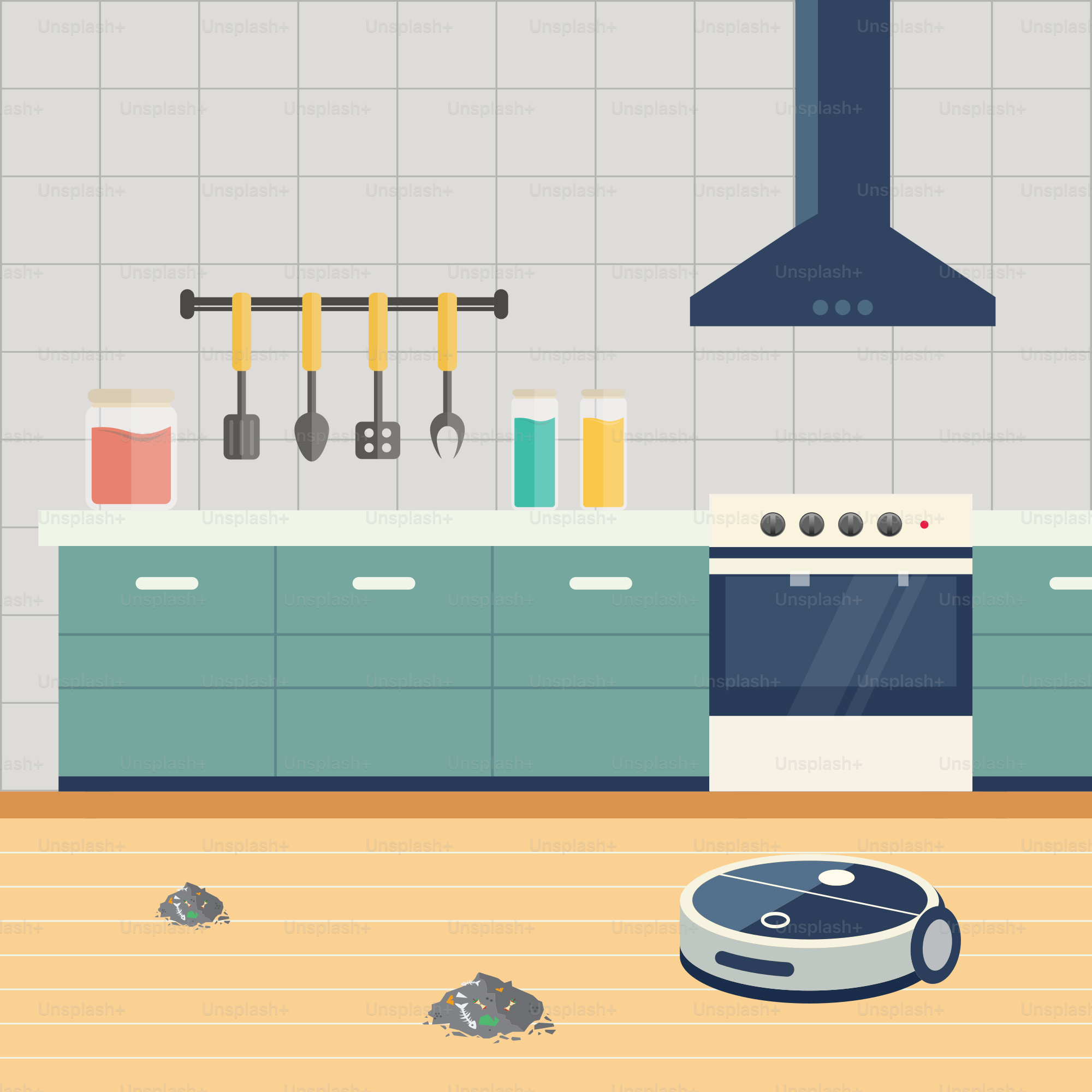A kitchen with a robot on the floor