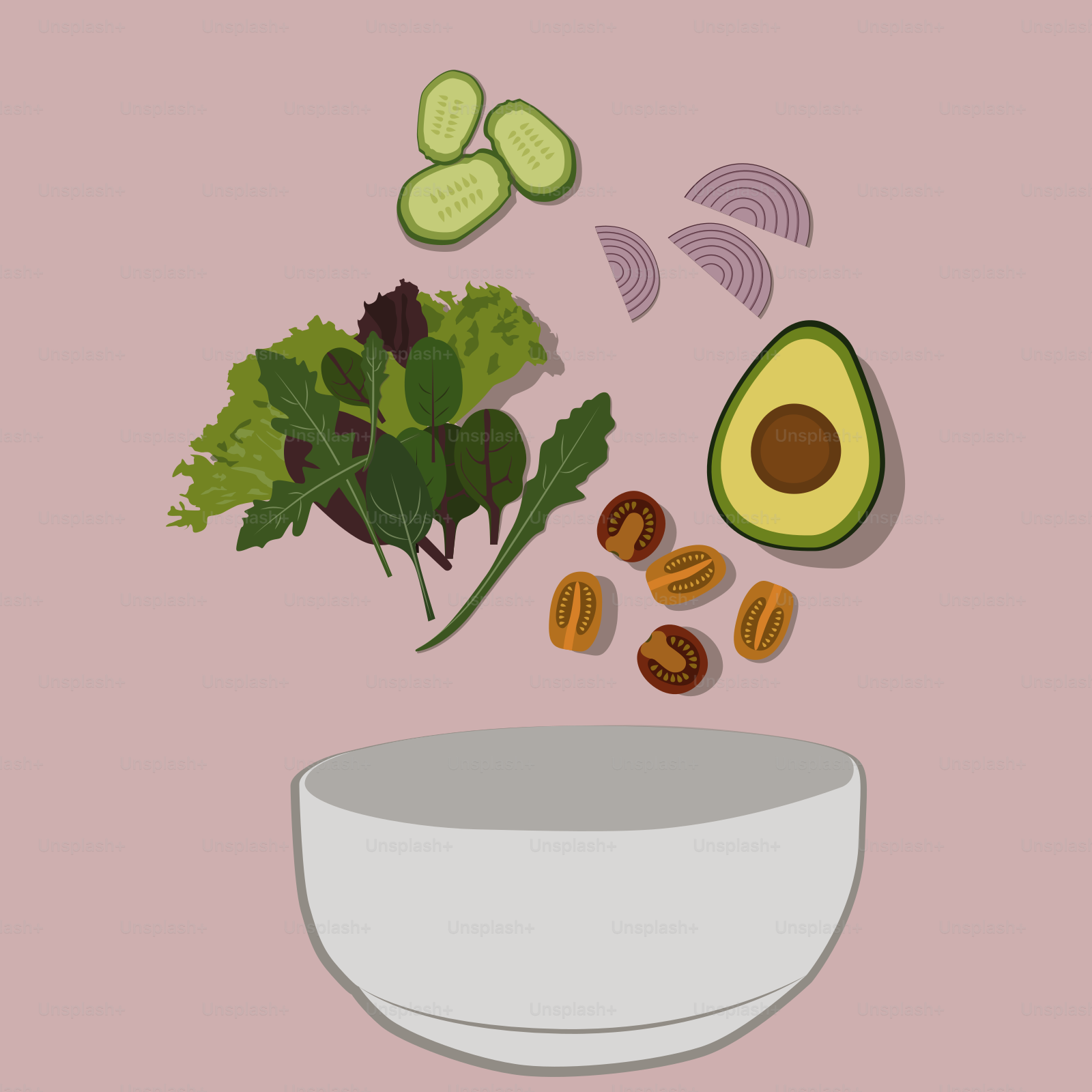 An avocado, lettuce, and nuts are in a bowl