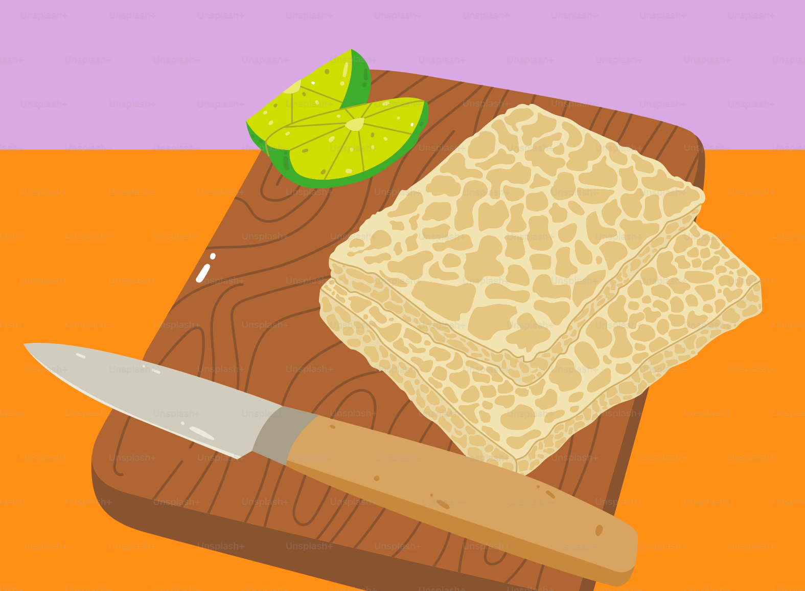 A cutting board with a knife and some food on it