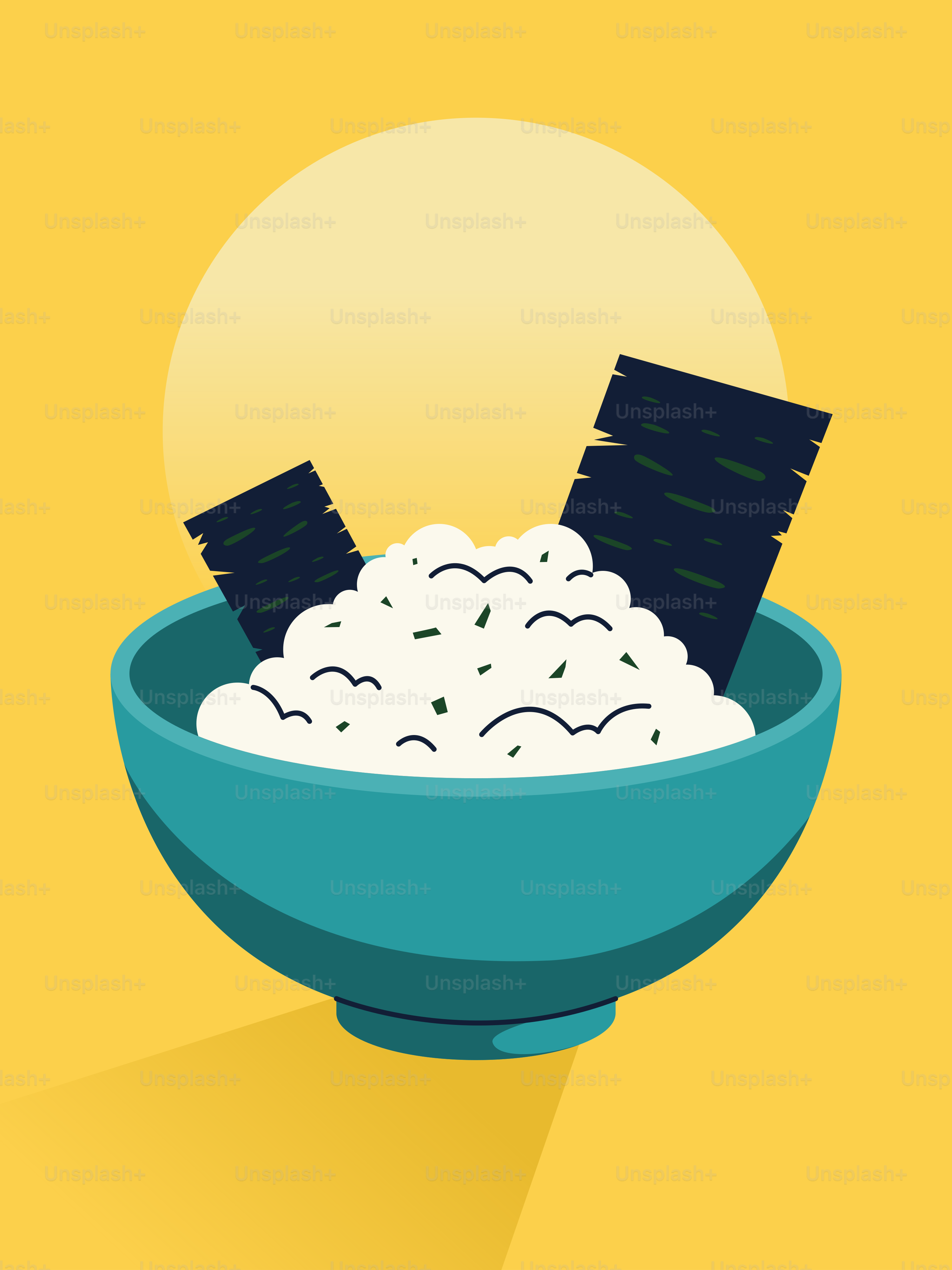 Un cuenco de arroz con dos trozos de papel negro sobresaliendo