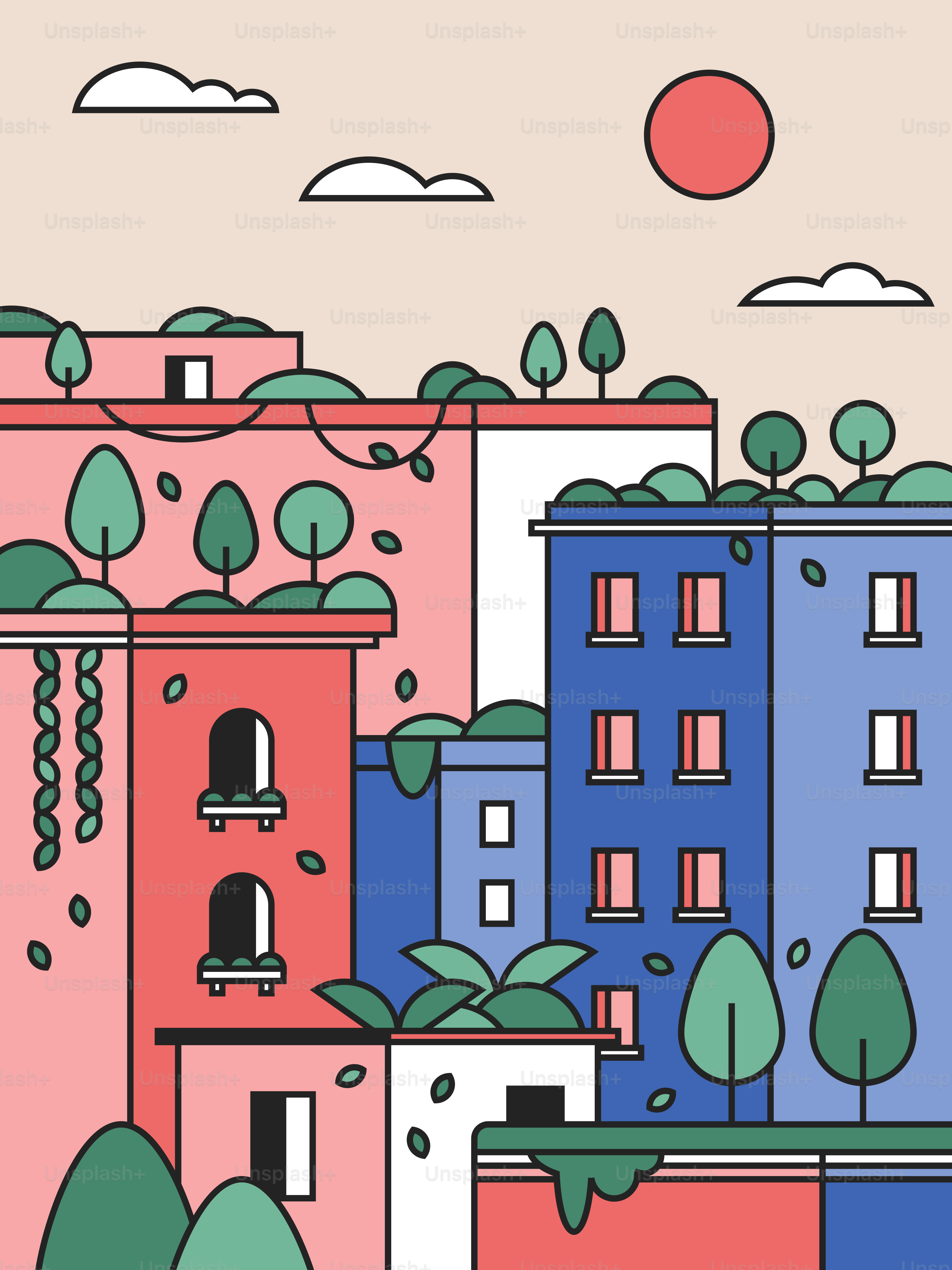 A line drawing of a city with trees and buildings