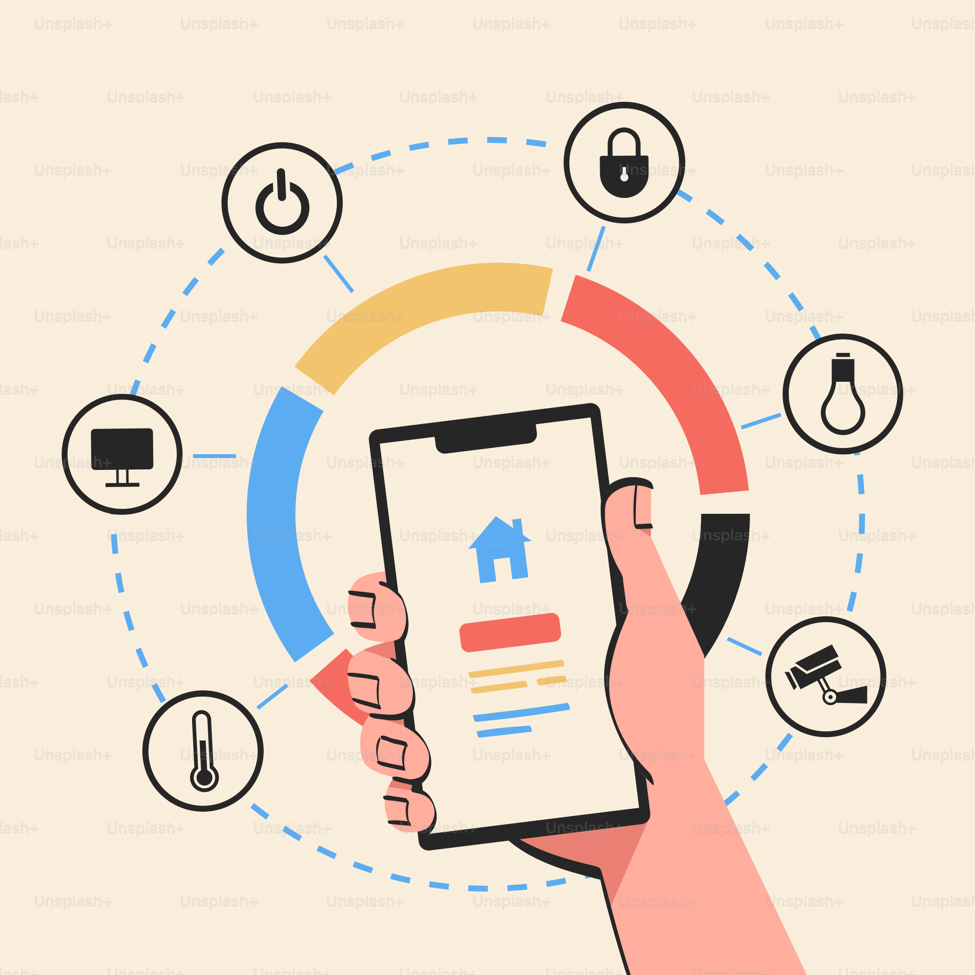 A hand holding a smart phone with icons surrounding it
