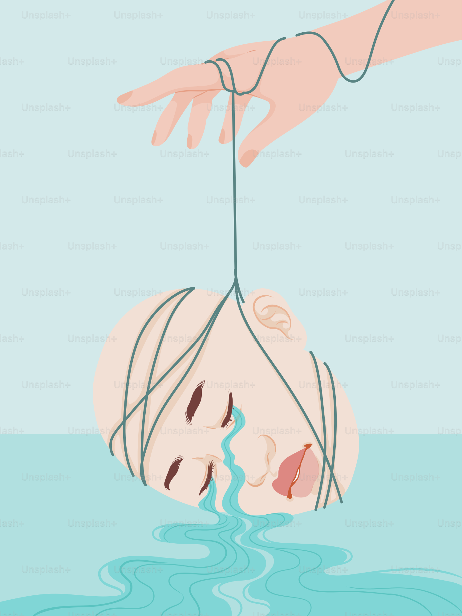 A hand holding a string attached to a baby's head