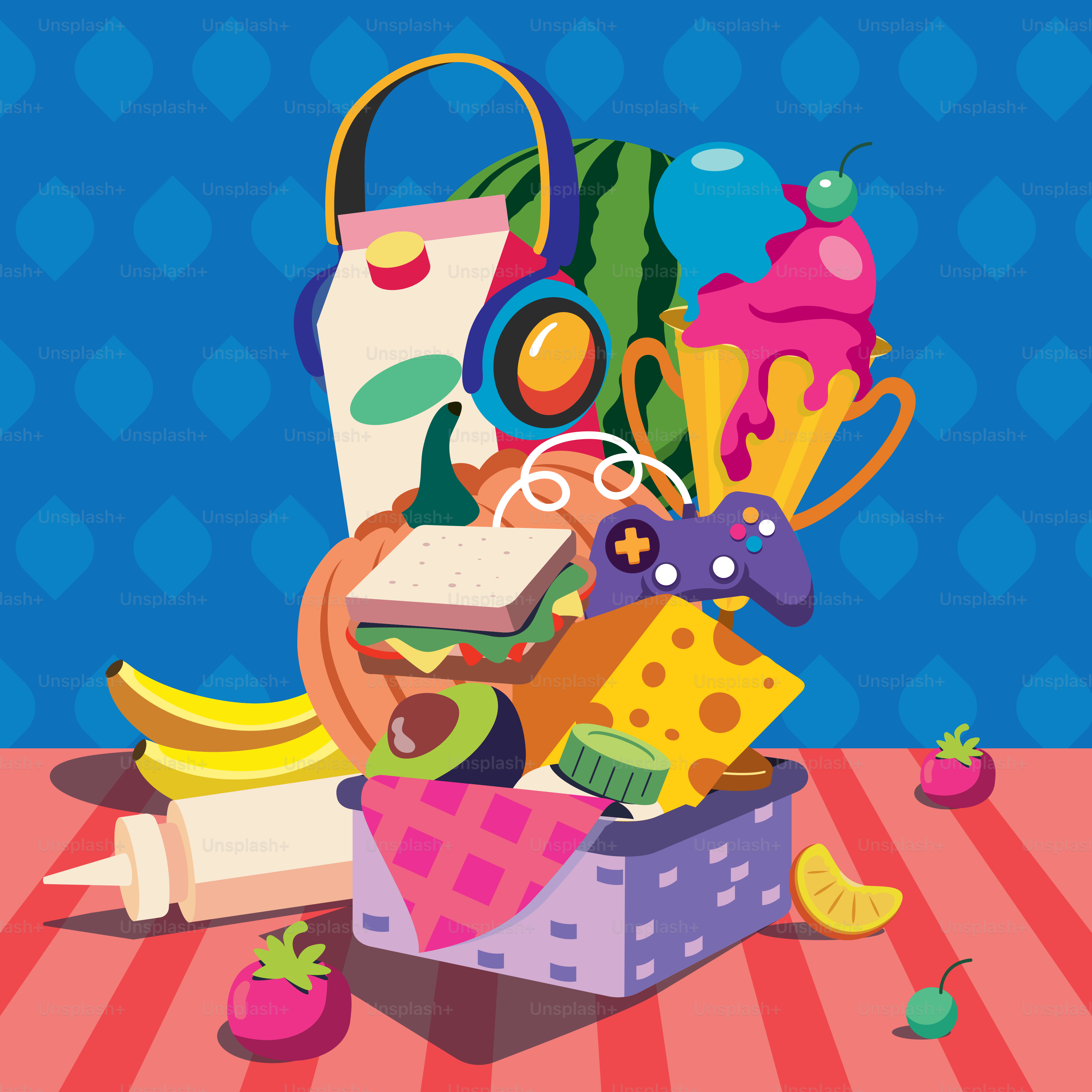 A box filled with assorted items on top of a table