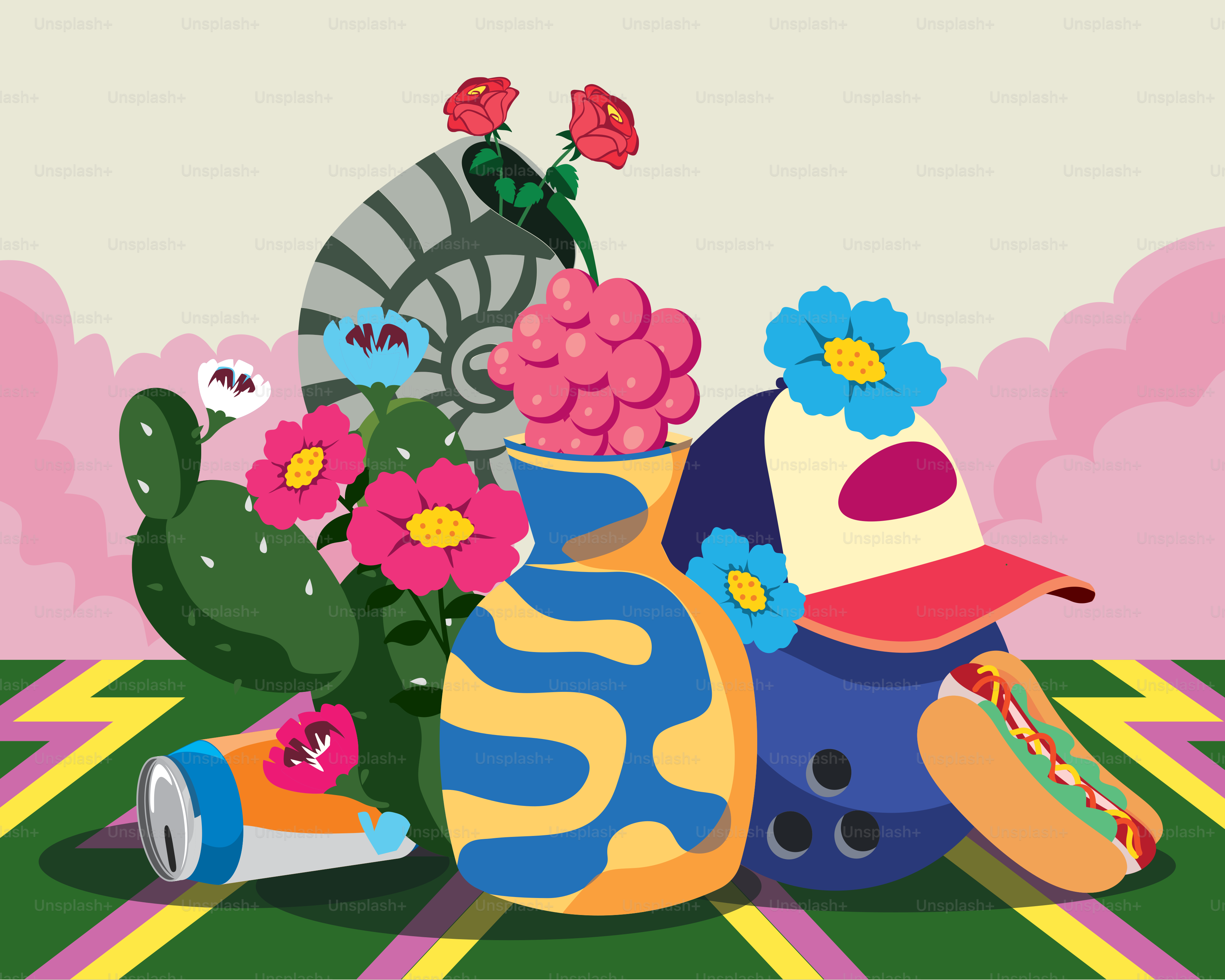A vase filled with flowers sitting on top of a striped floor