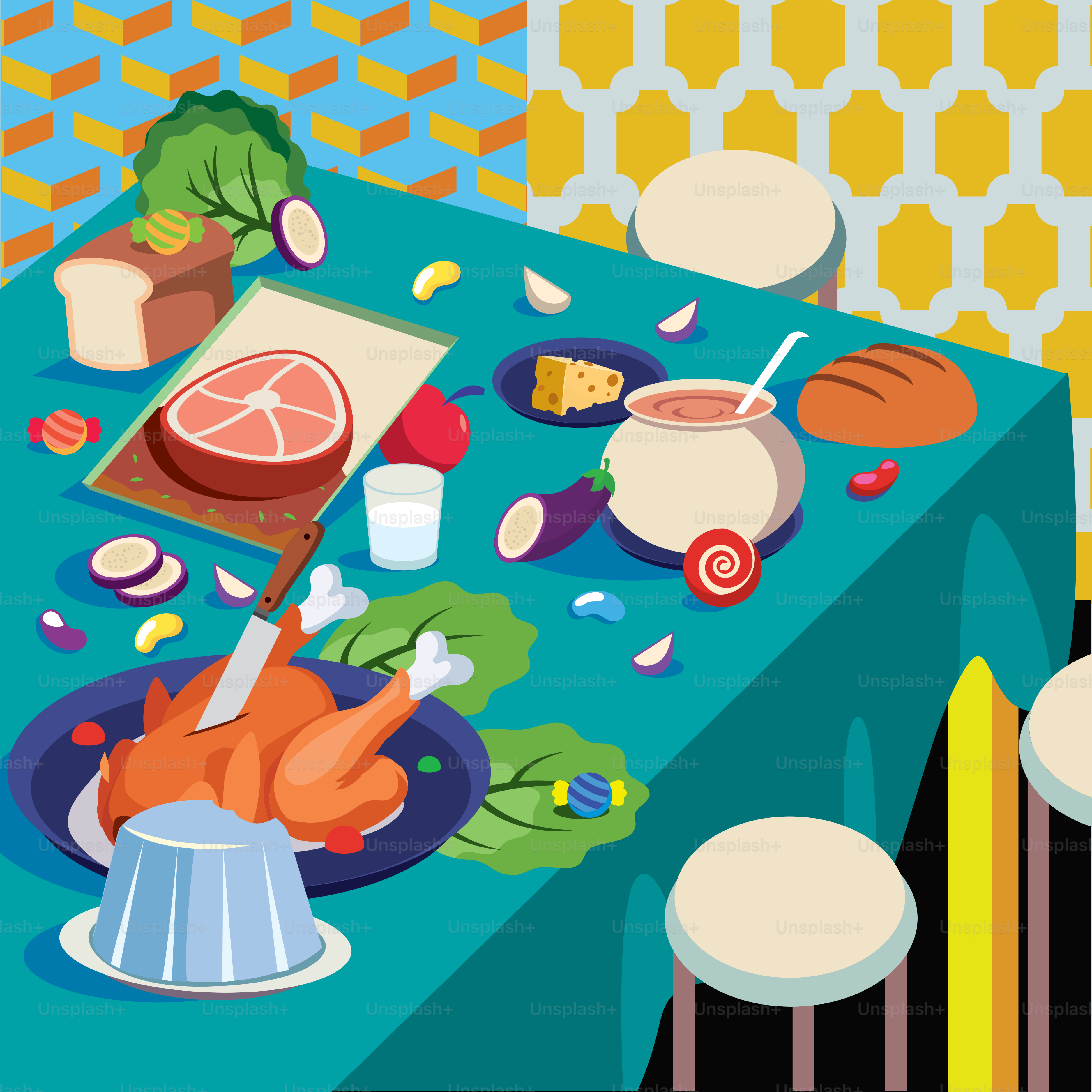 A cartoon of a table with food on it