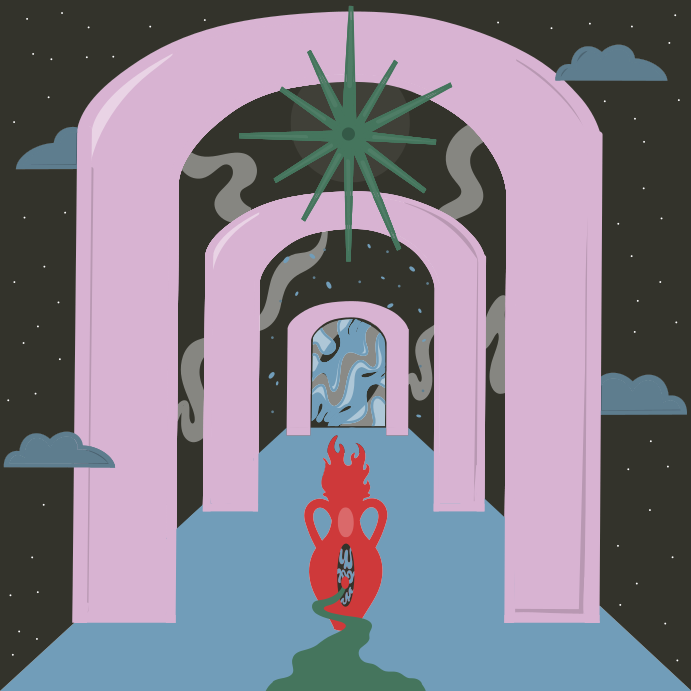 An illustration of a hallway with a star above it