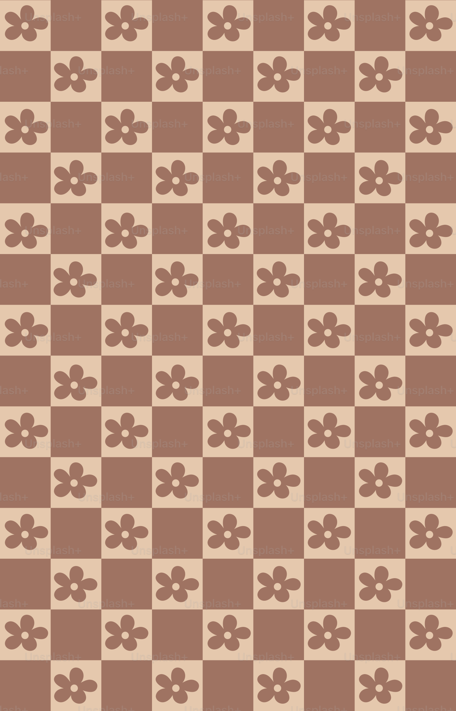 A brown and white checkered pattern with flowers
