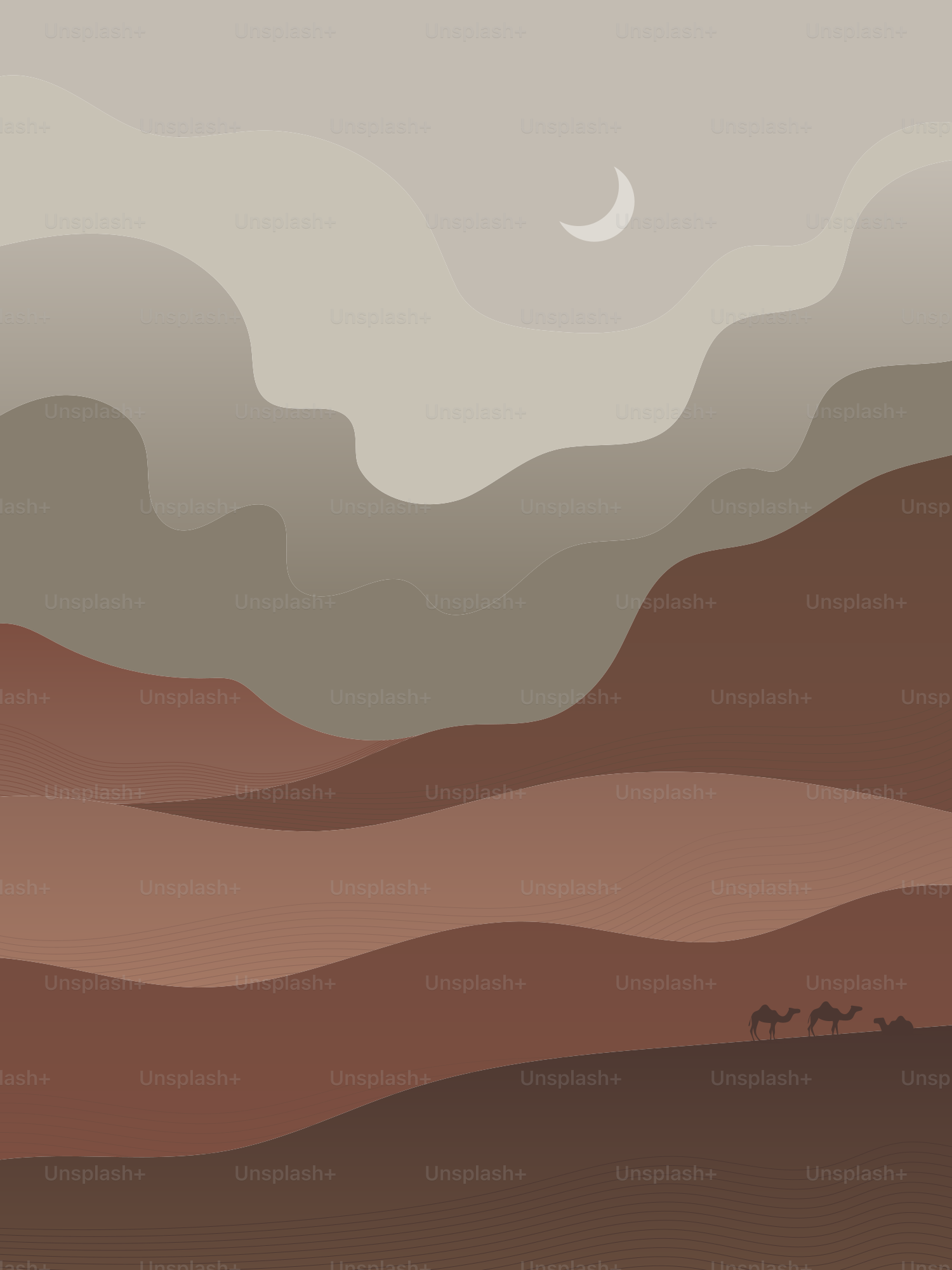 A painting of a desert landscape with a few animals