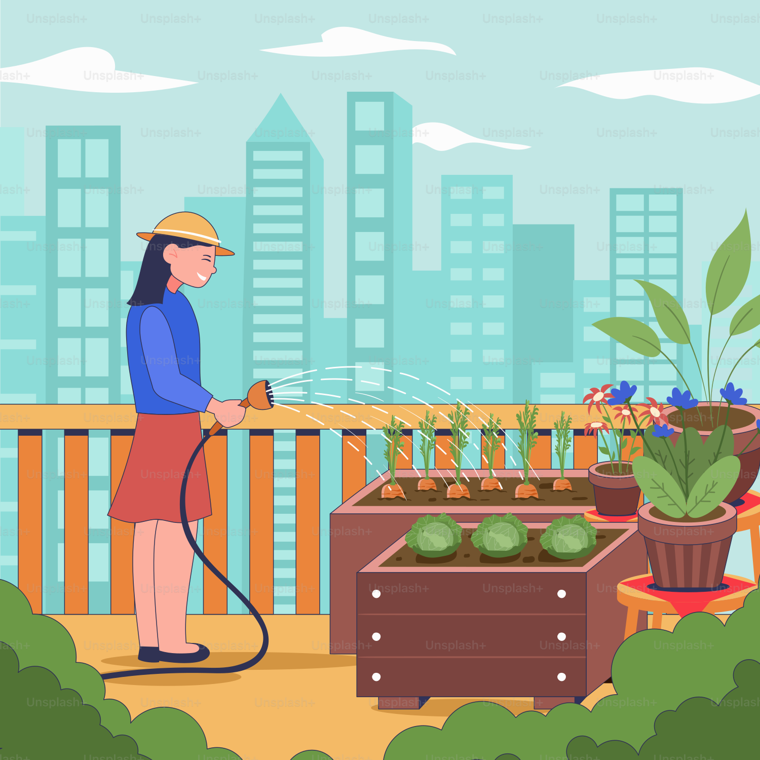 Una mujer está regando las plantas en un balcón