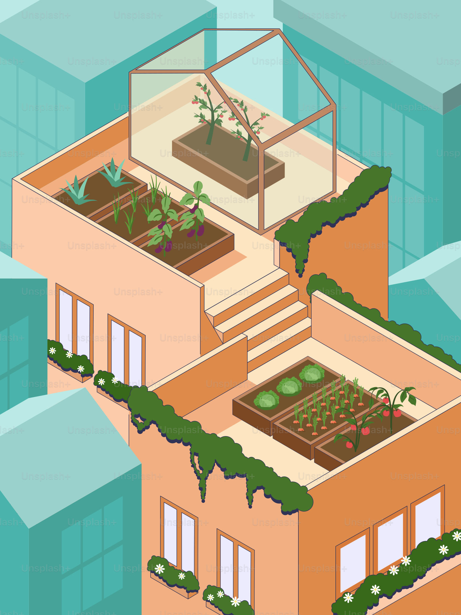 An illustration of a house with plants growing on the roof