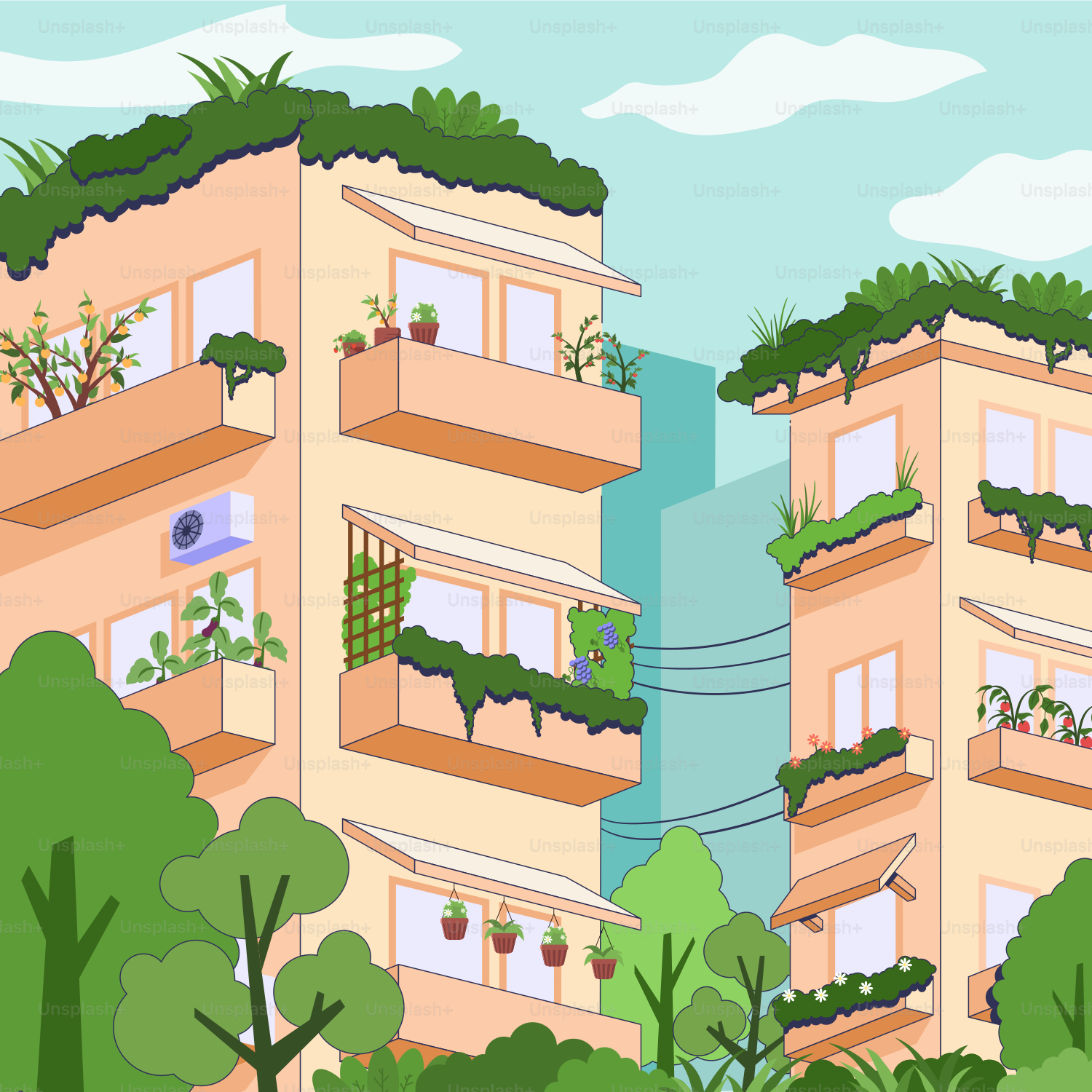 Un paio di edifici alti con piante che crescono sui balconi