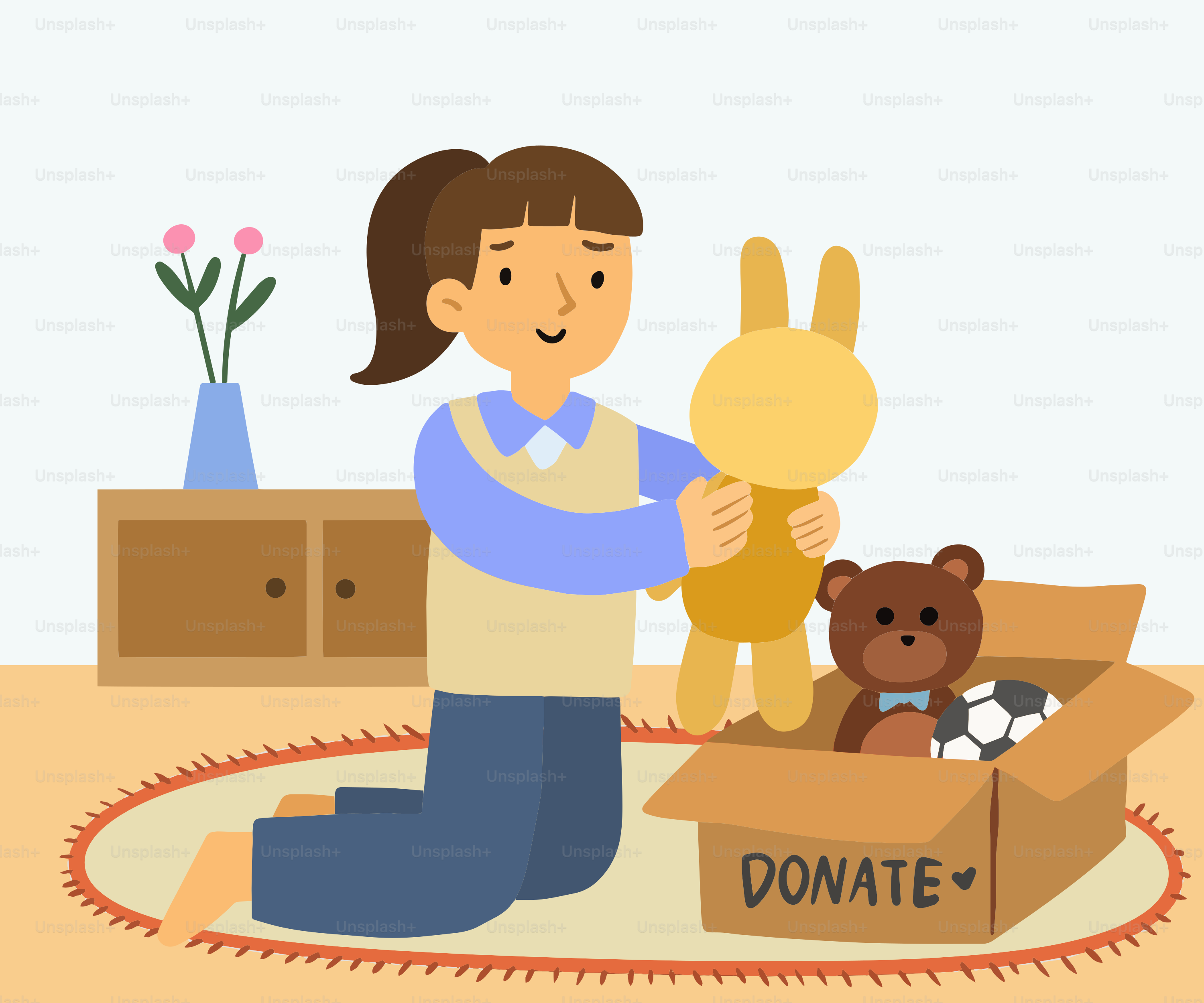 Eine Frau hält ein Stofftier in einer Kiste