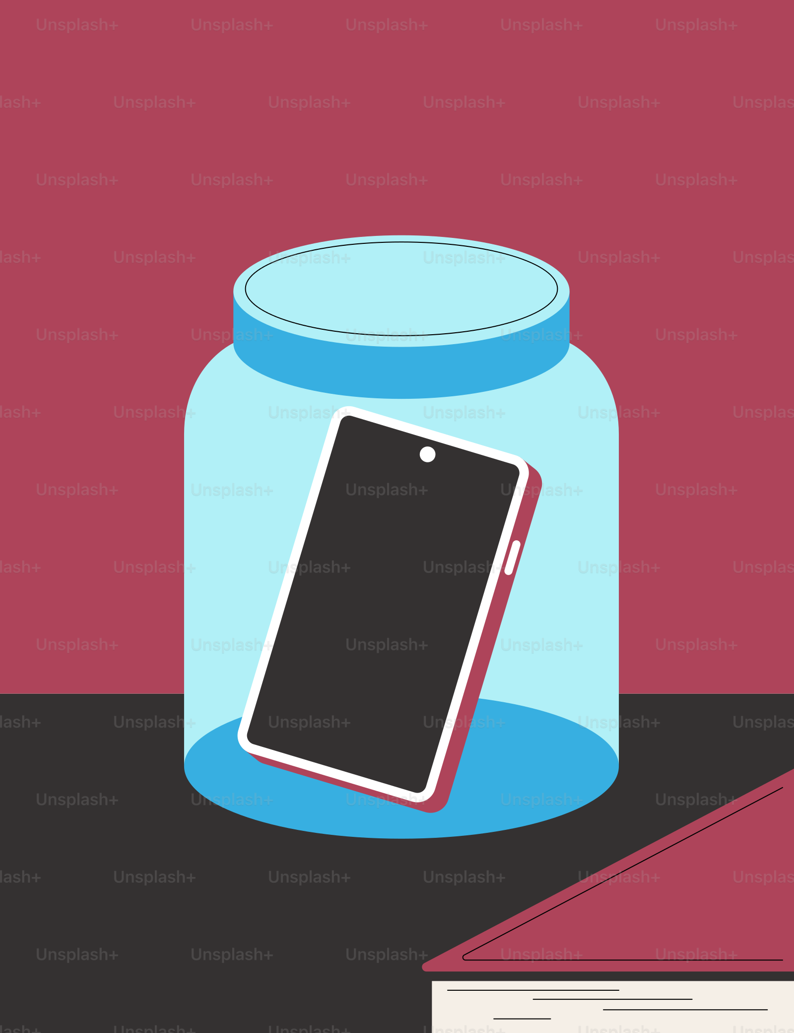 A jar with a cell phone sitting on top of it