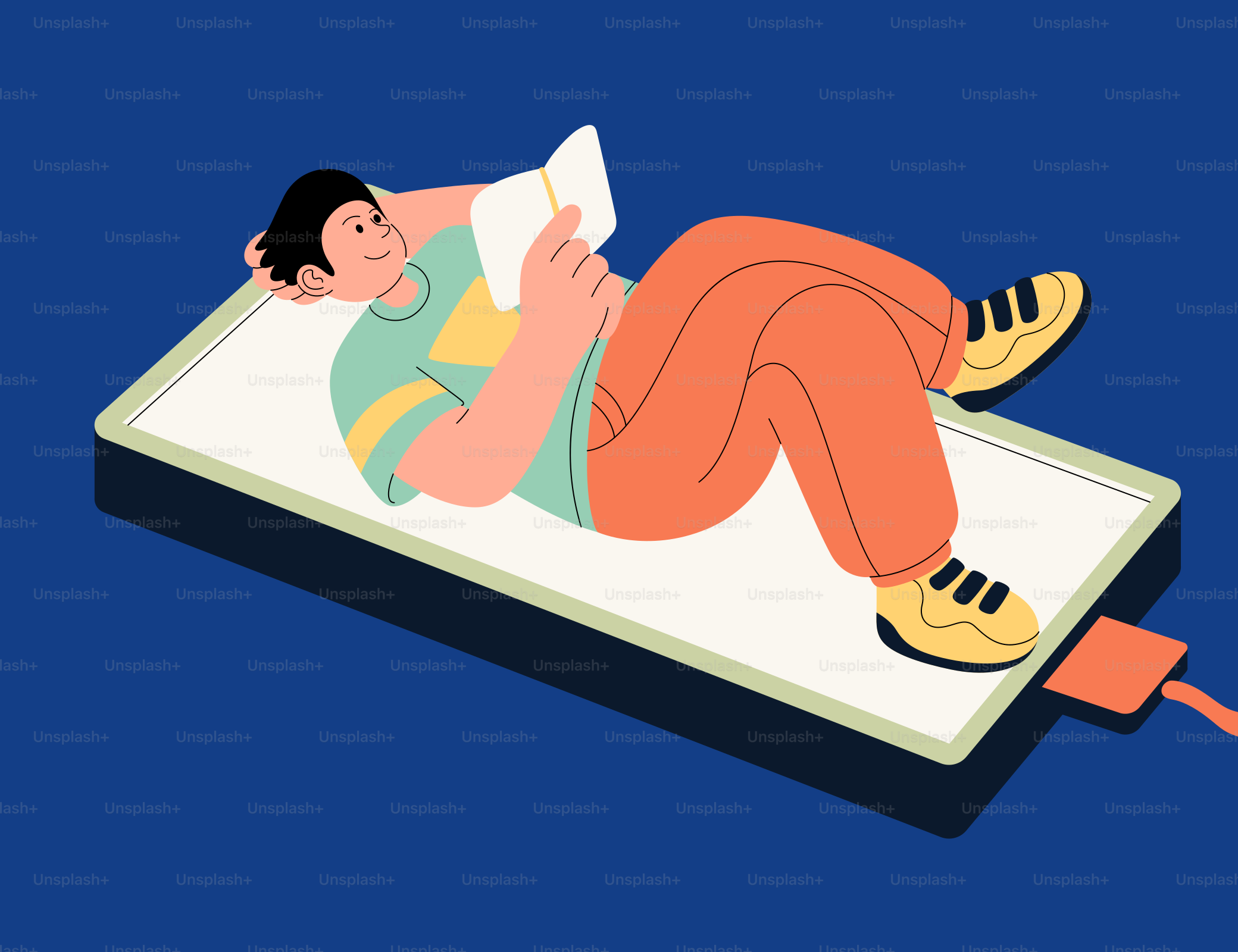 A man laying on a mattress reading a book