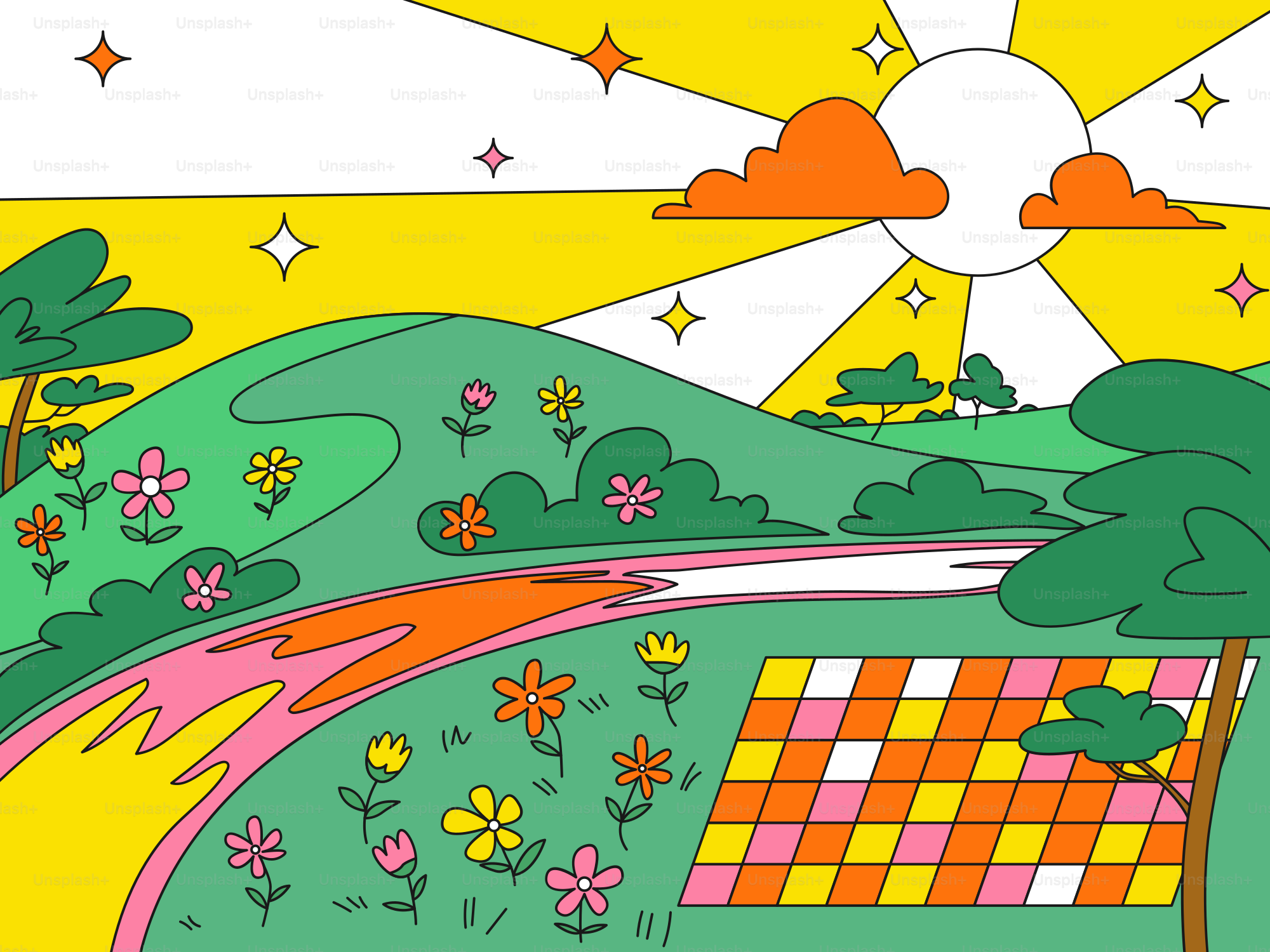 木々や花々が描かれた風景画