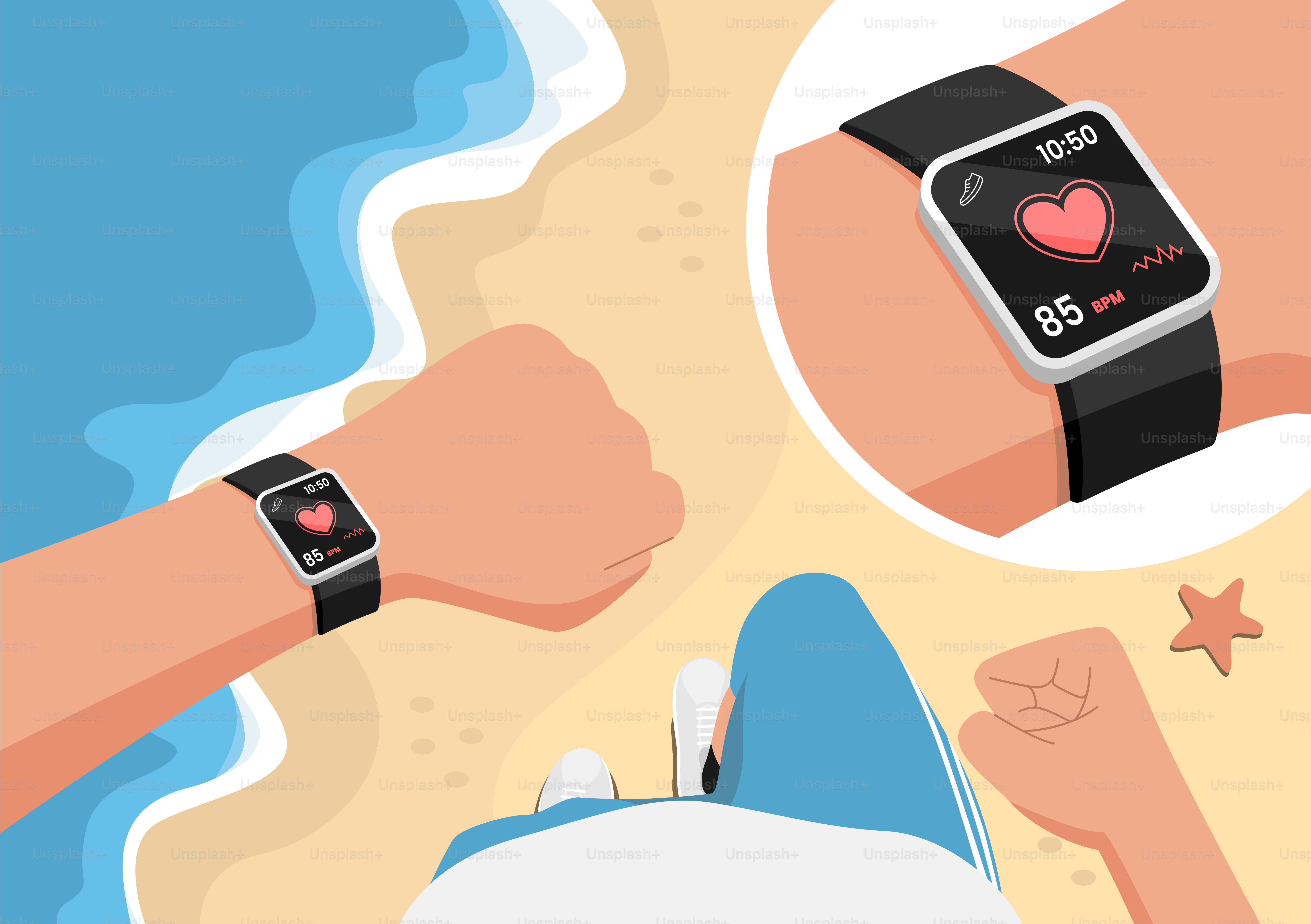 Seseorang dengan jam tangan di pergelangan tangan mereka di pantai