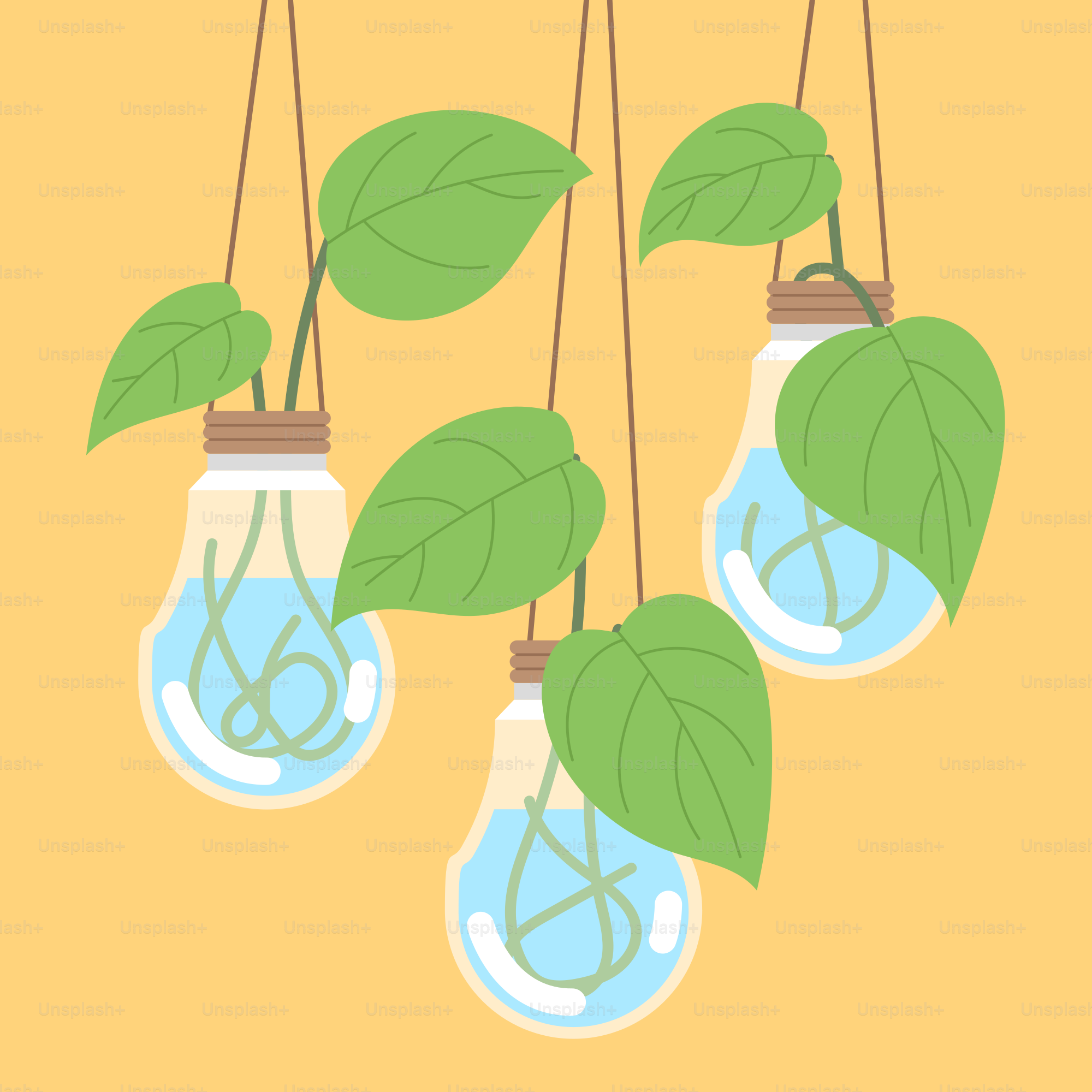 A group of light bulbs with green leaves hanging from them