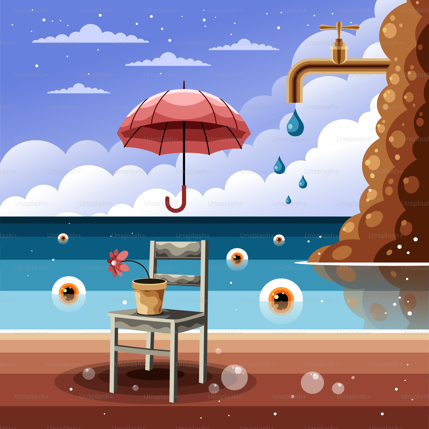 A chair and an umbrella on a beach