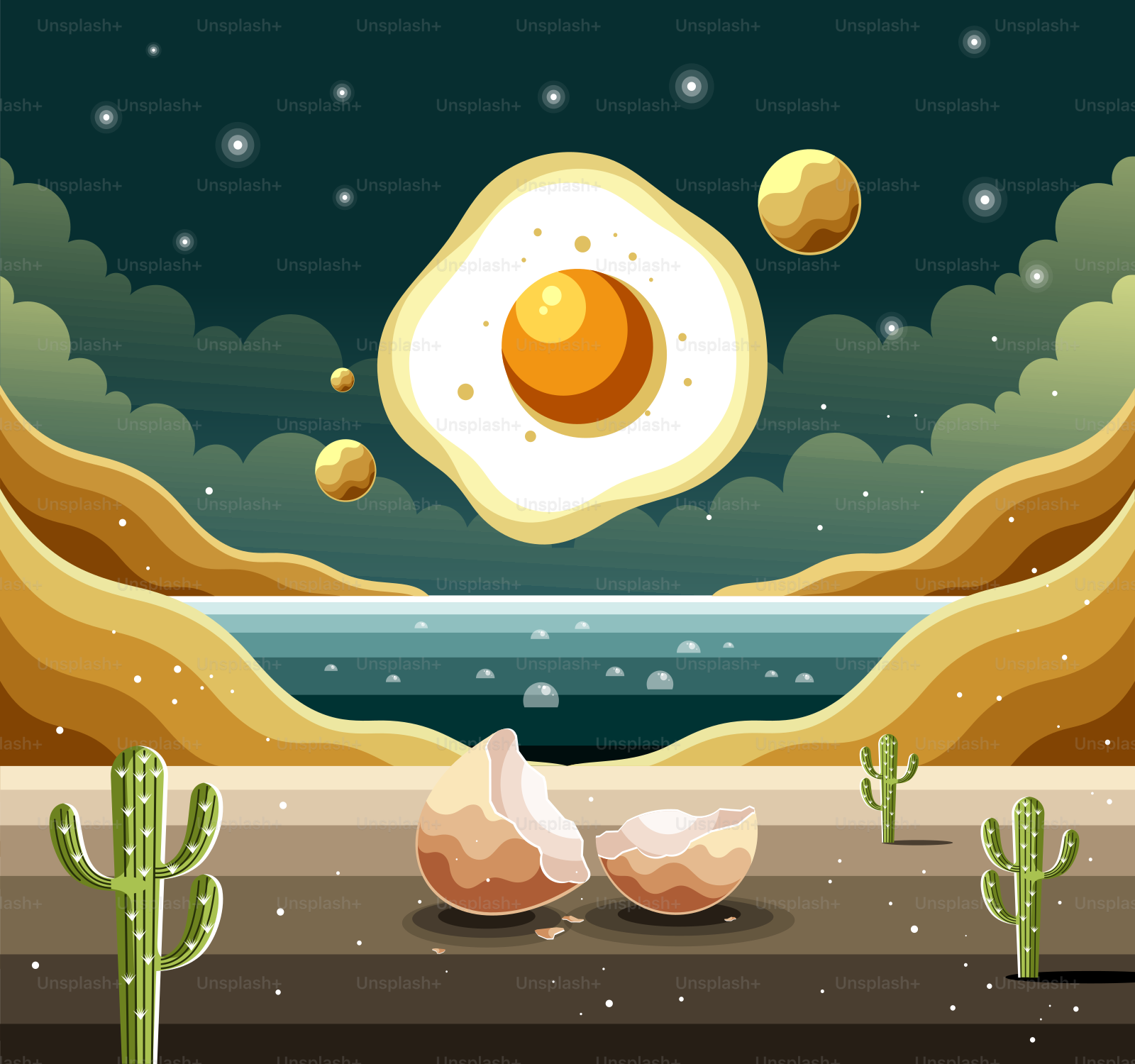 Une image d’une scène désertique avec des rochers et des cactus