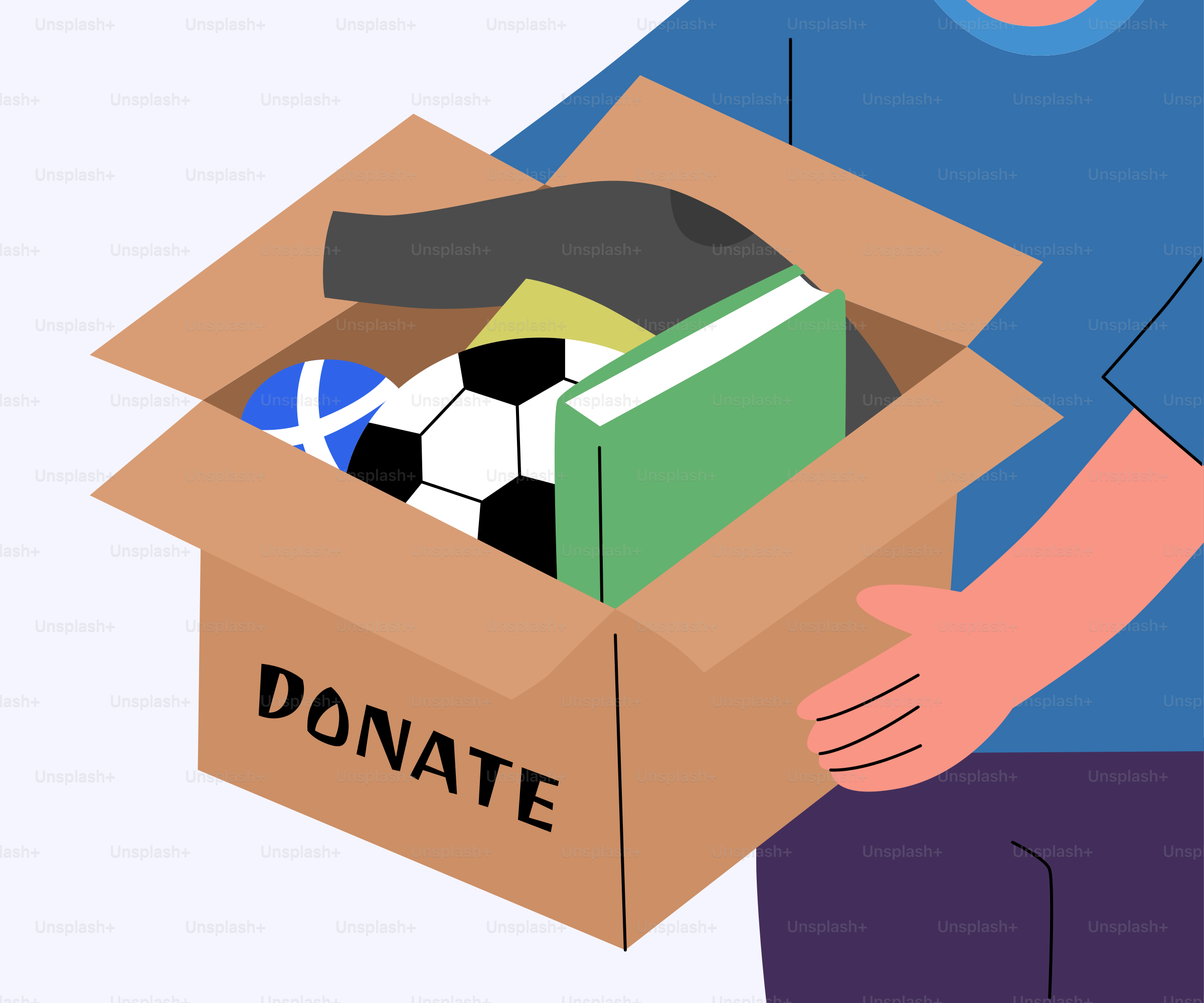 A man holding a box with a soccer ball inside of it