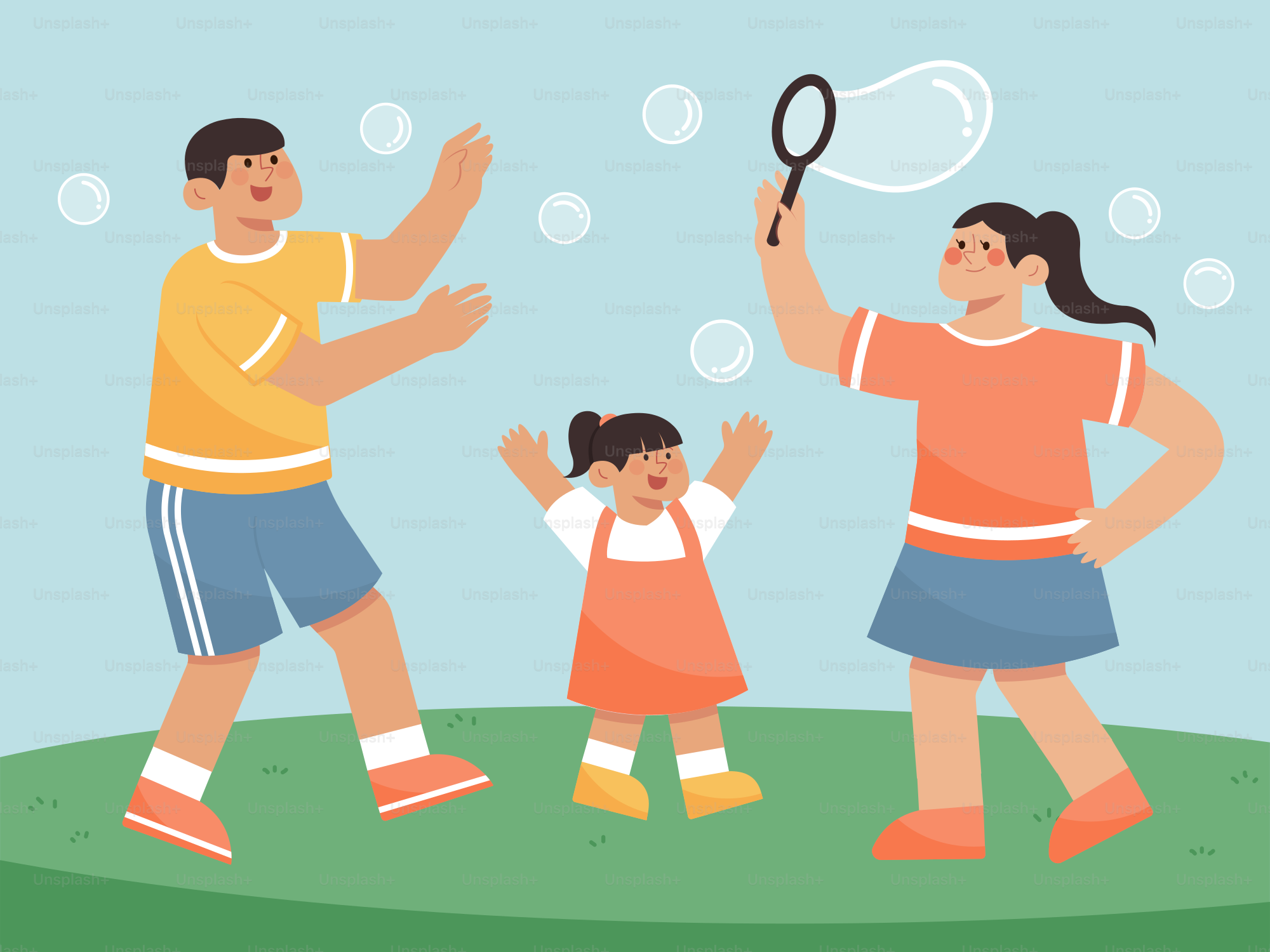 A man and two children are playing with bubbles